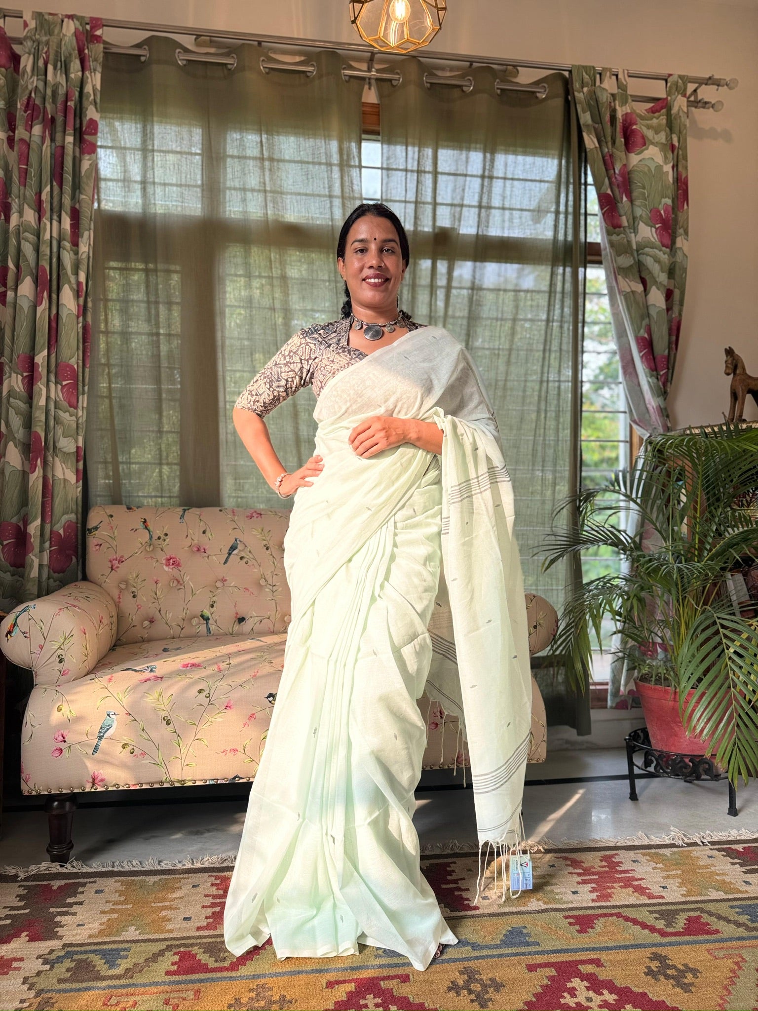 Mint Whisper With Silver Lines Pure Cotton Jamdani Saree