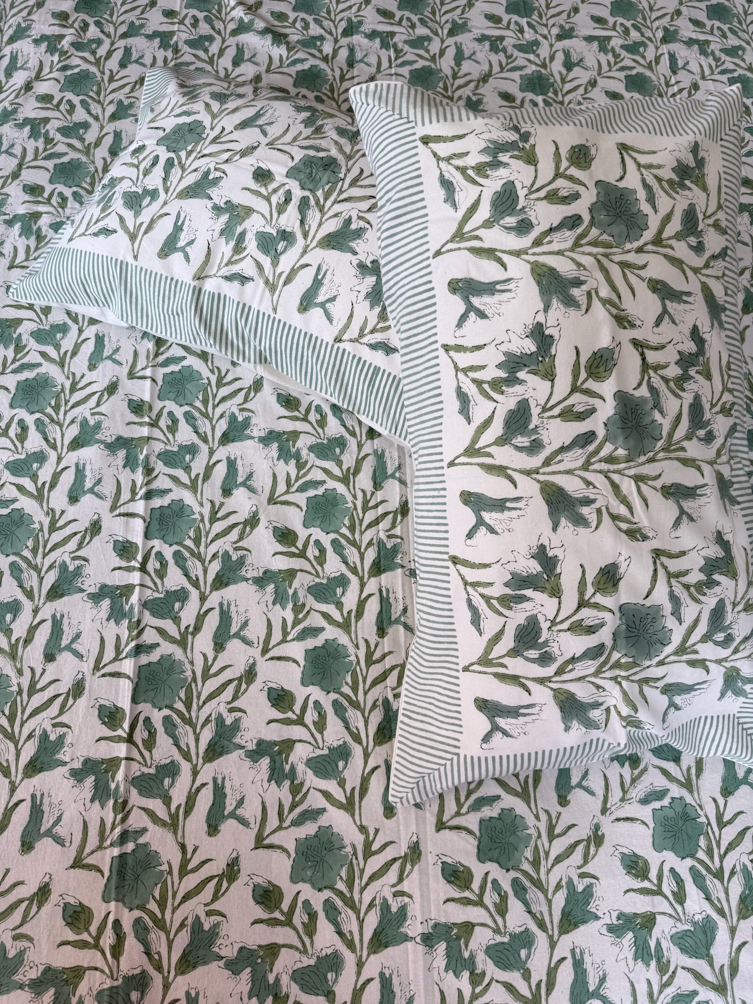 Hand Block Printed Off White &green Leaf Print Floral Cotton Bedsheet