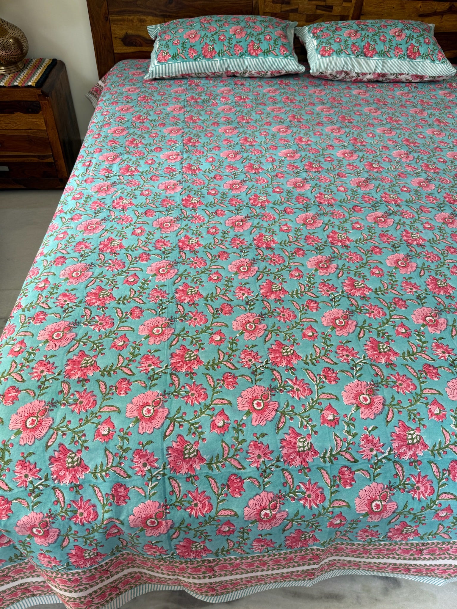 Hand Block Printed Sea Green & Pink Floral Cotton Bedsheet