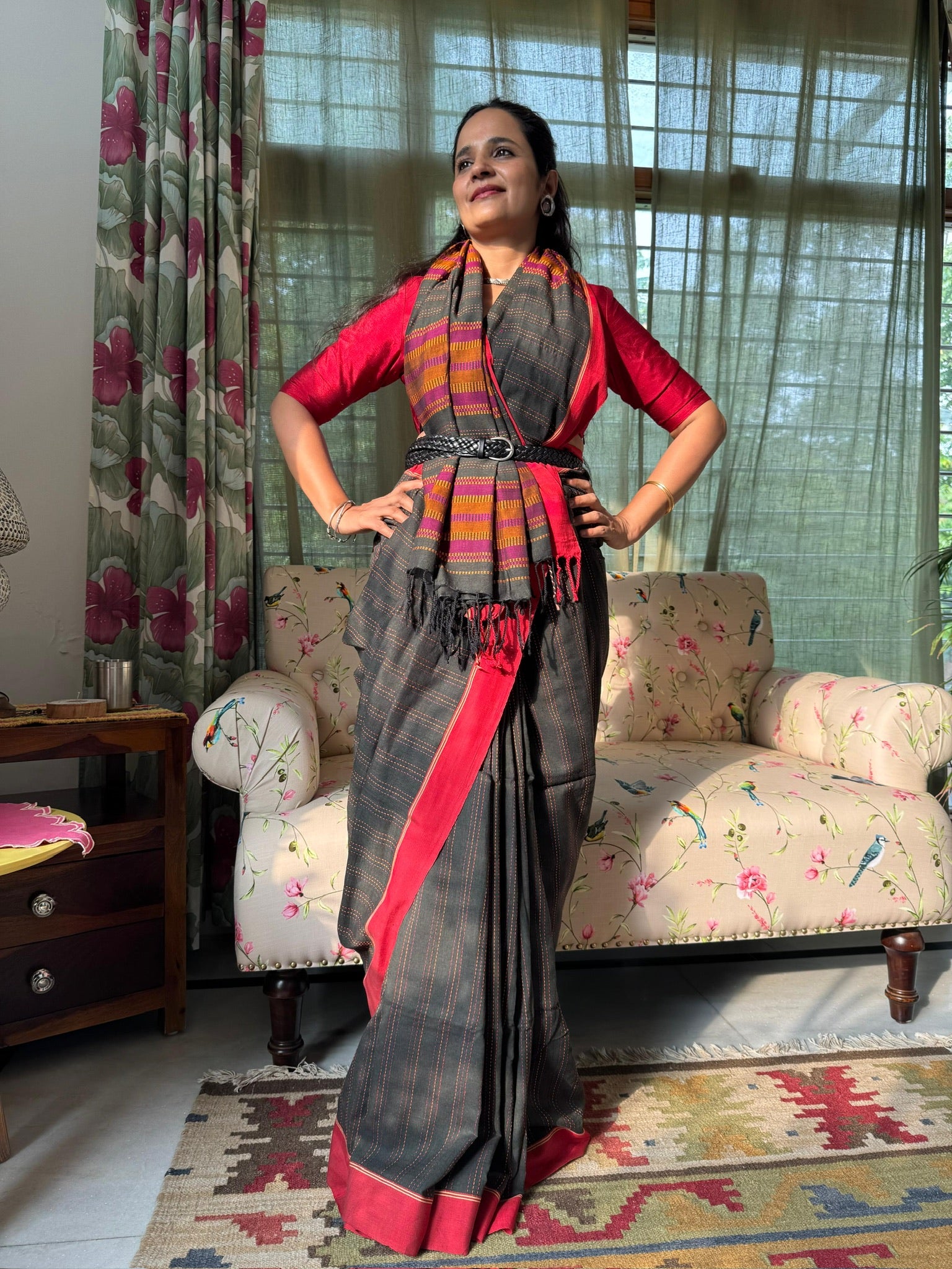 Elegant Charcoal Black With Thin White Pinstripes Cotton Saree With Red Border And Woven Pallu
