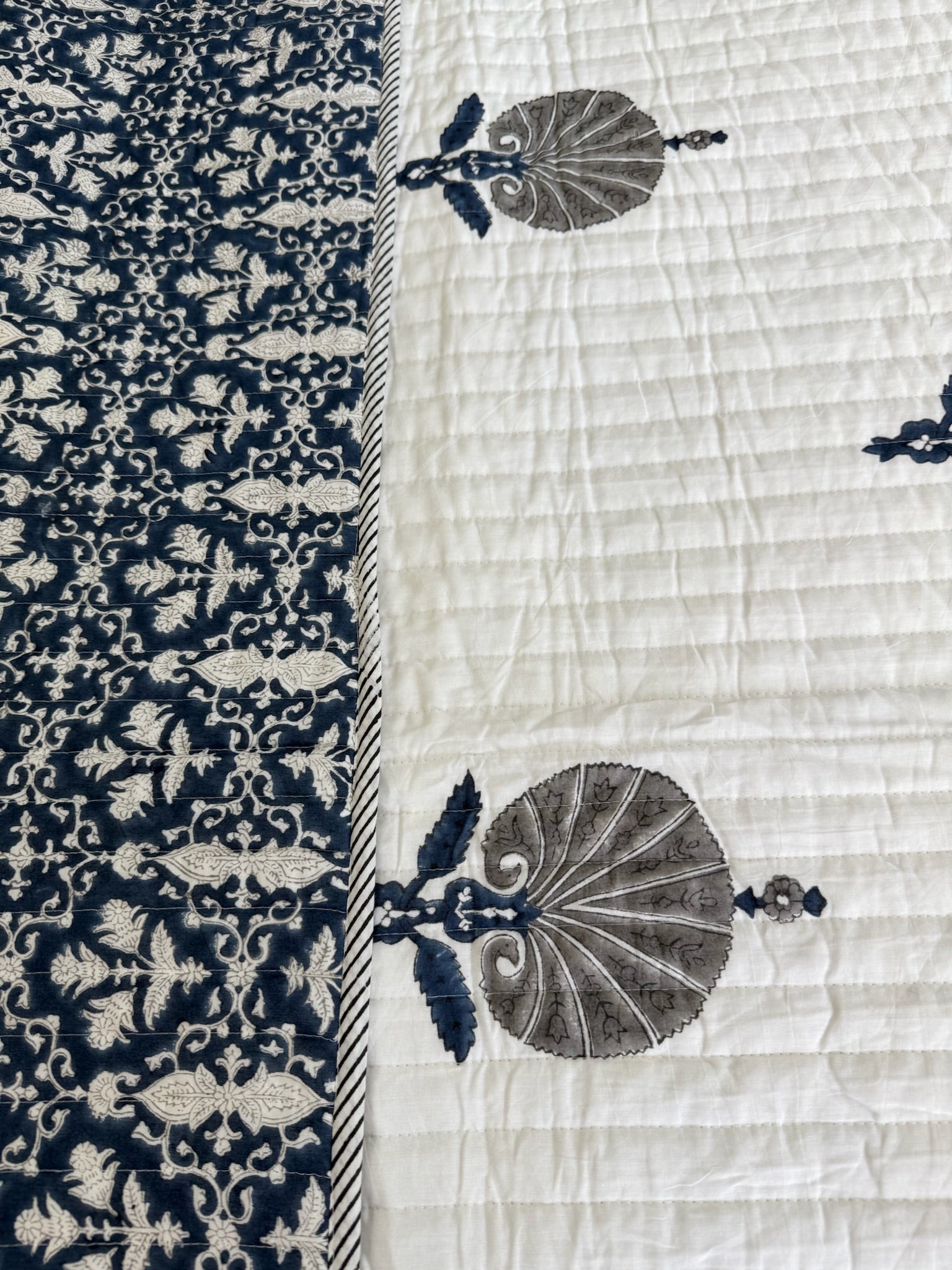 Hand Block Printed Off White & Dark blue Soft Cotton Dohar with Cotton Filling