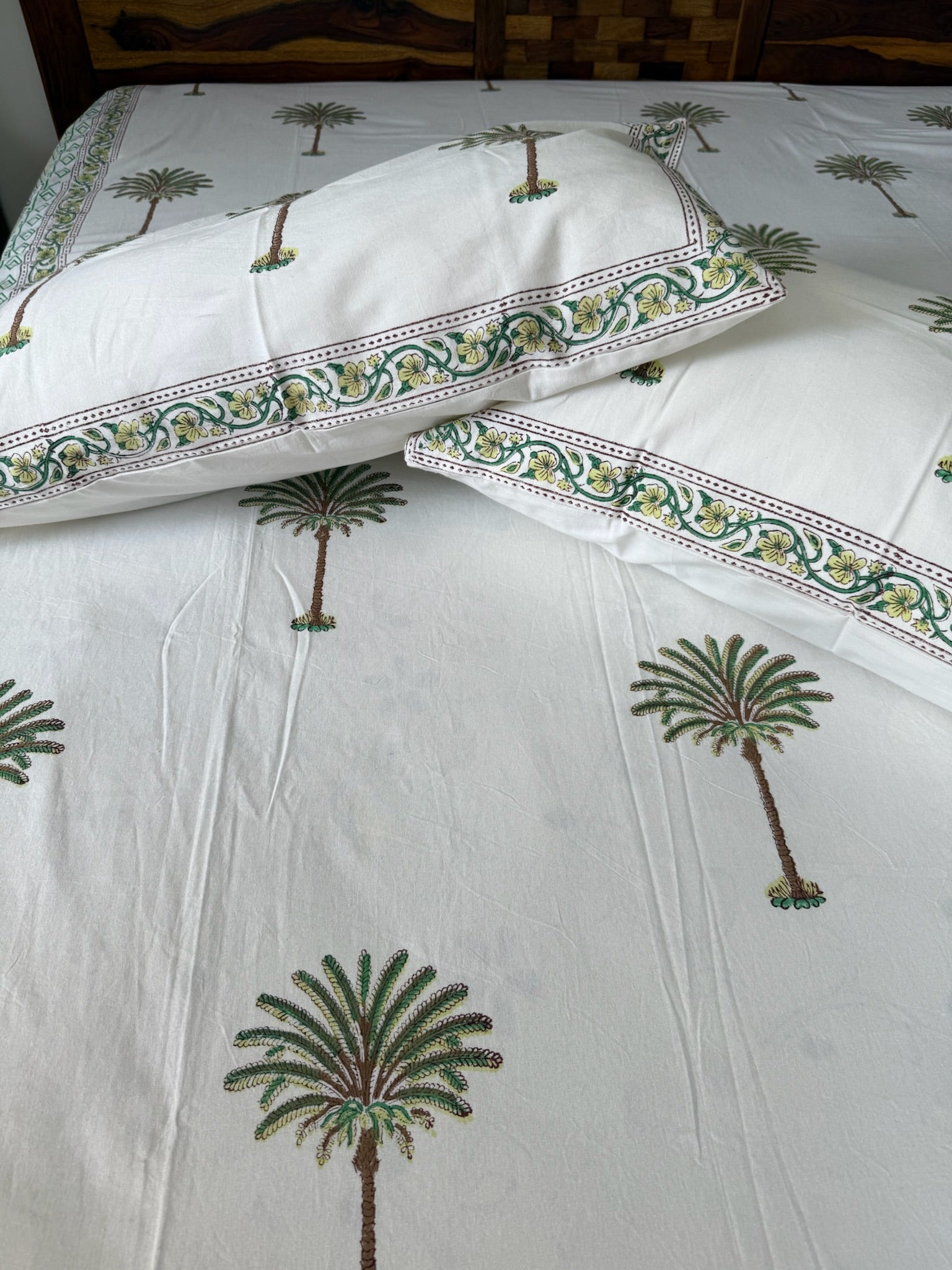 Hand Block Printed Cotton Bed Sheet with Palm Tree & Floral Print Design