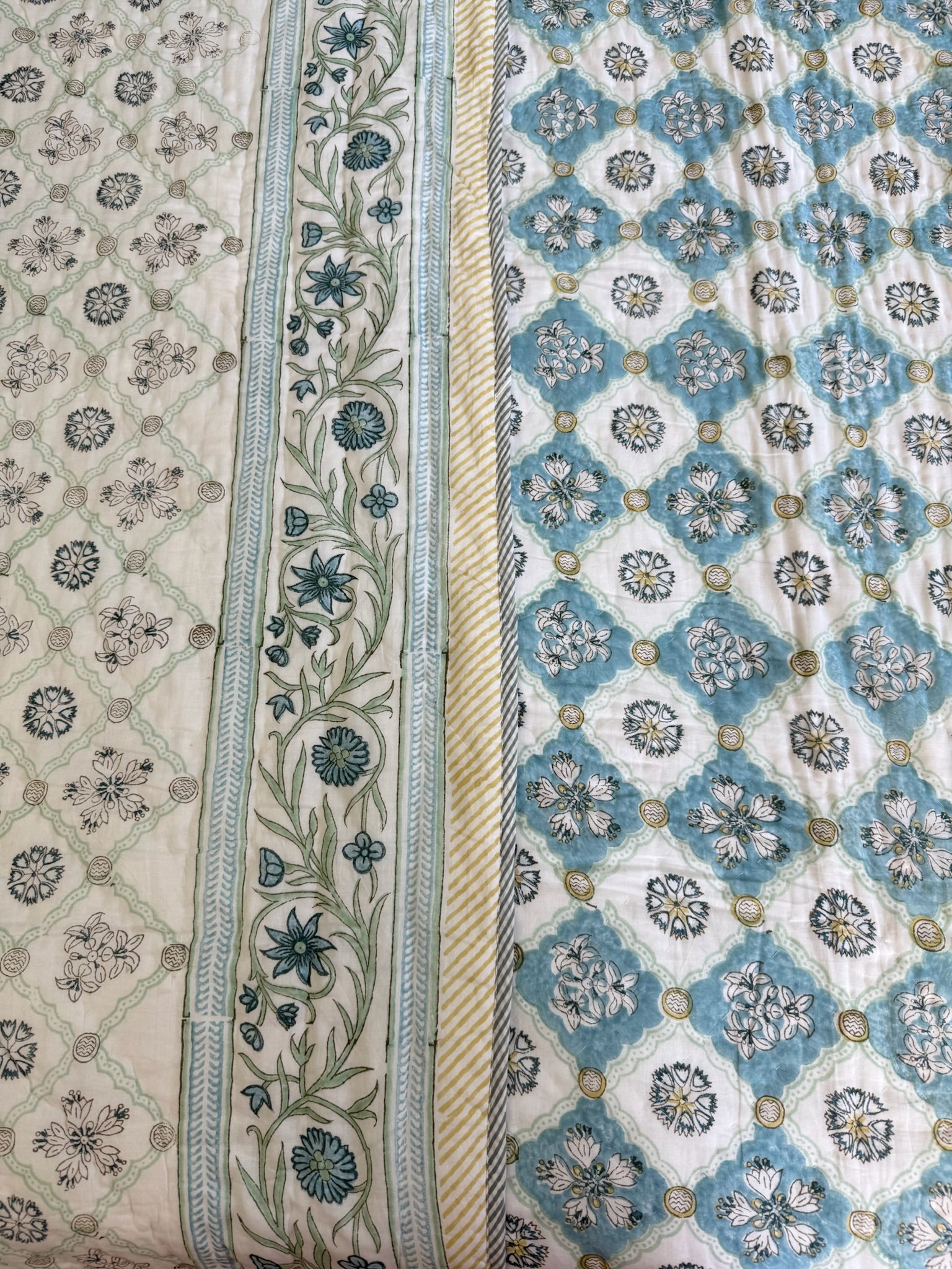 Hand Block Printed Off White & Blue Pure Soft Cotton Quilt with Cotton Filling