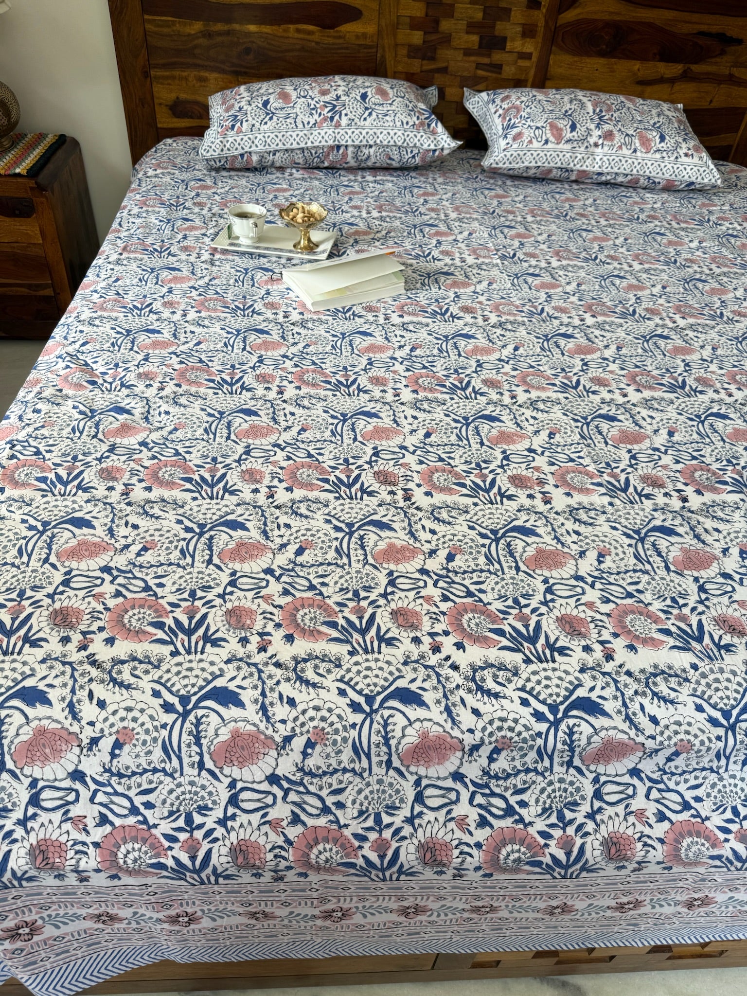 Hand Block Printed Blue & White Floral Cotton Bedsheet with Geometric Pattern (with Pillow Covers)