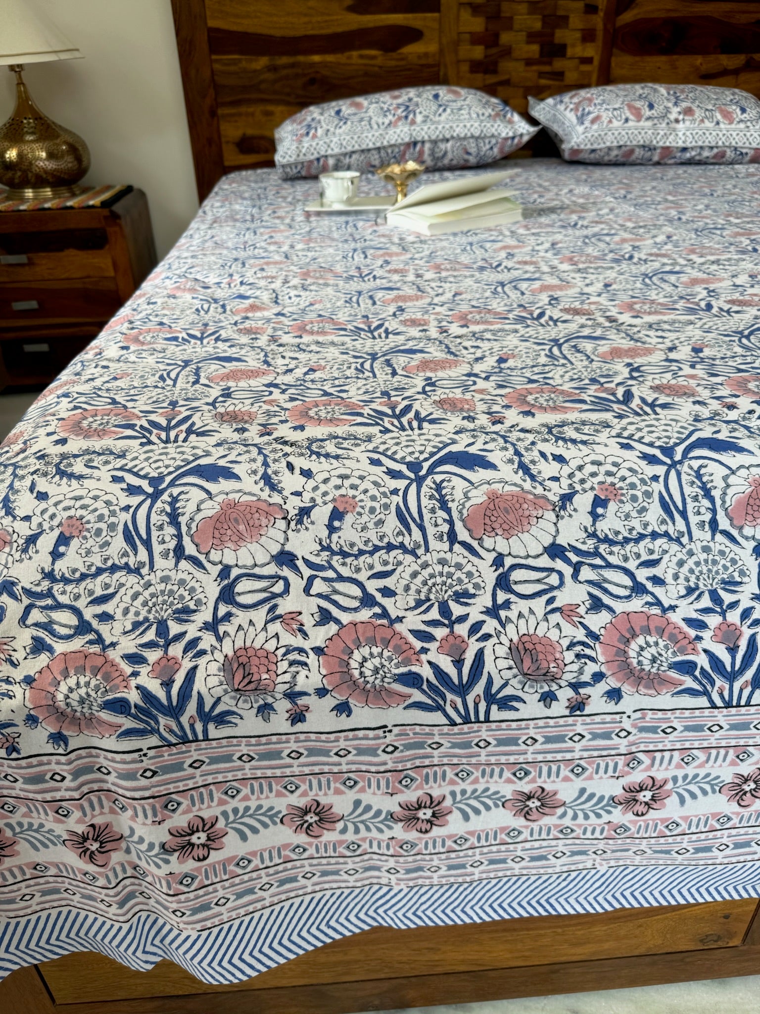 Hand Block Printed Blue & White Floral Cotton Bedsheet with Geometric Pattern (with Pillow Covers)