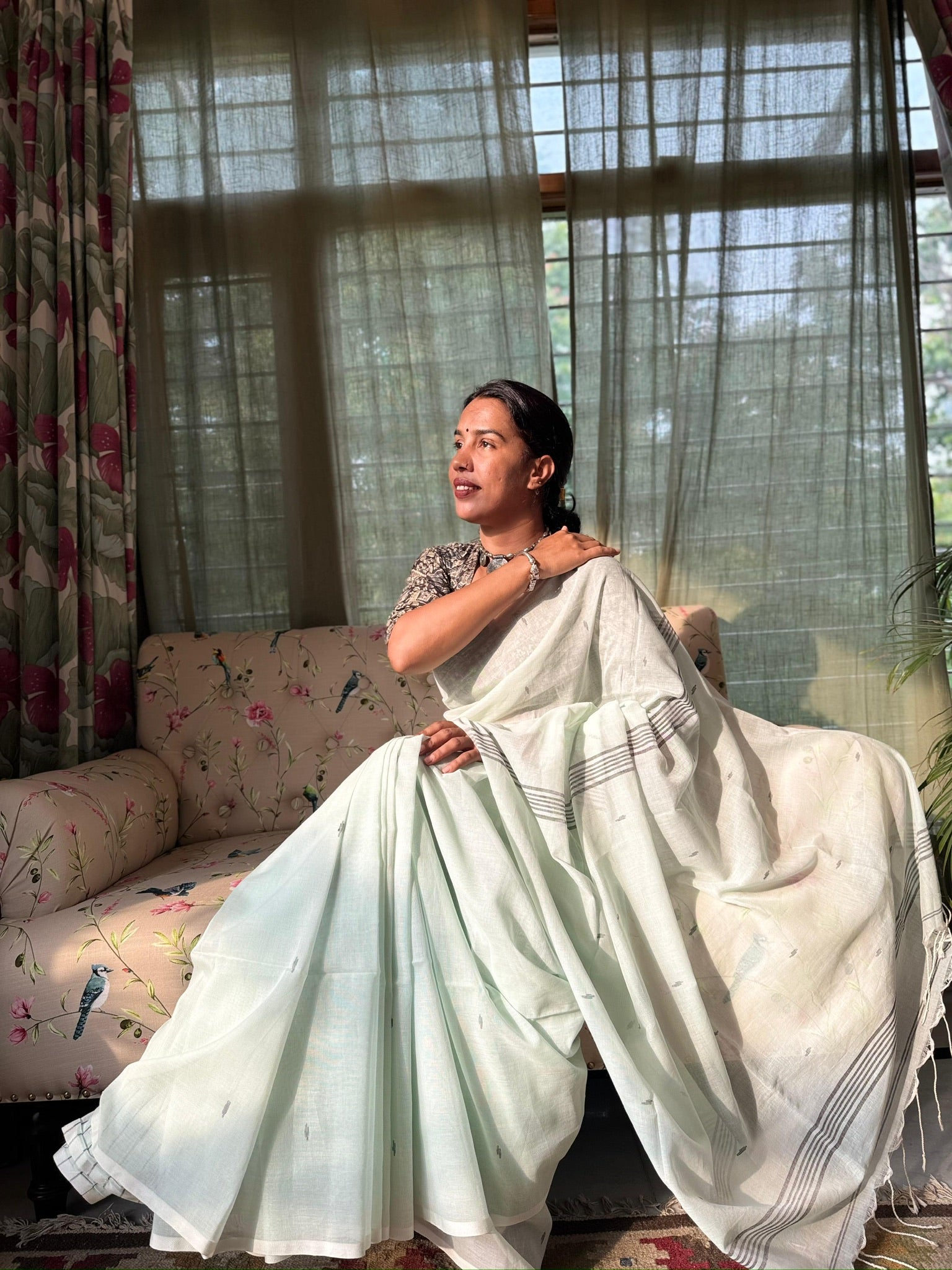 Mint Whisper With Silver Lines Pure Cotton Jamdani Saree