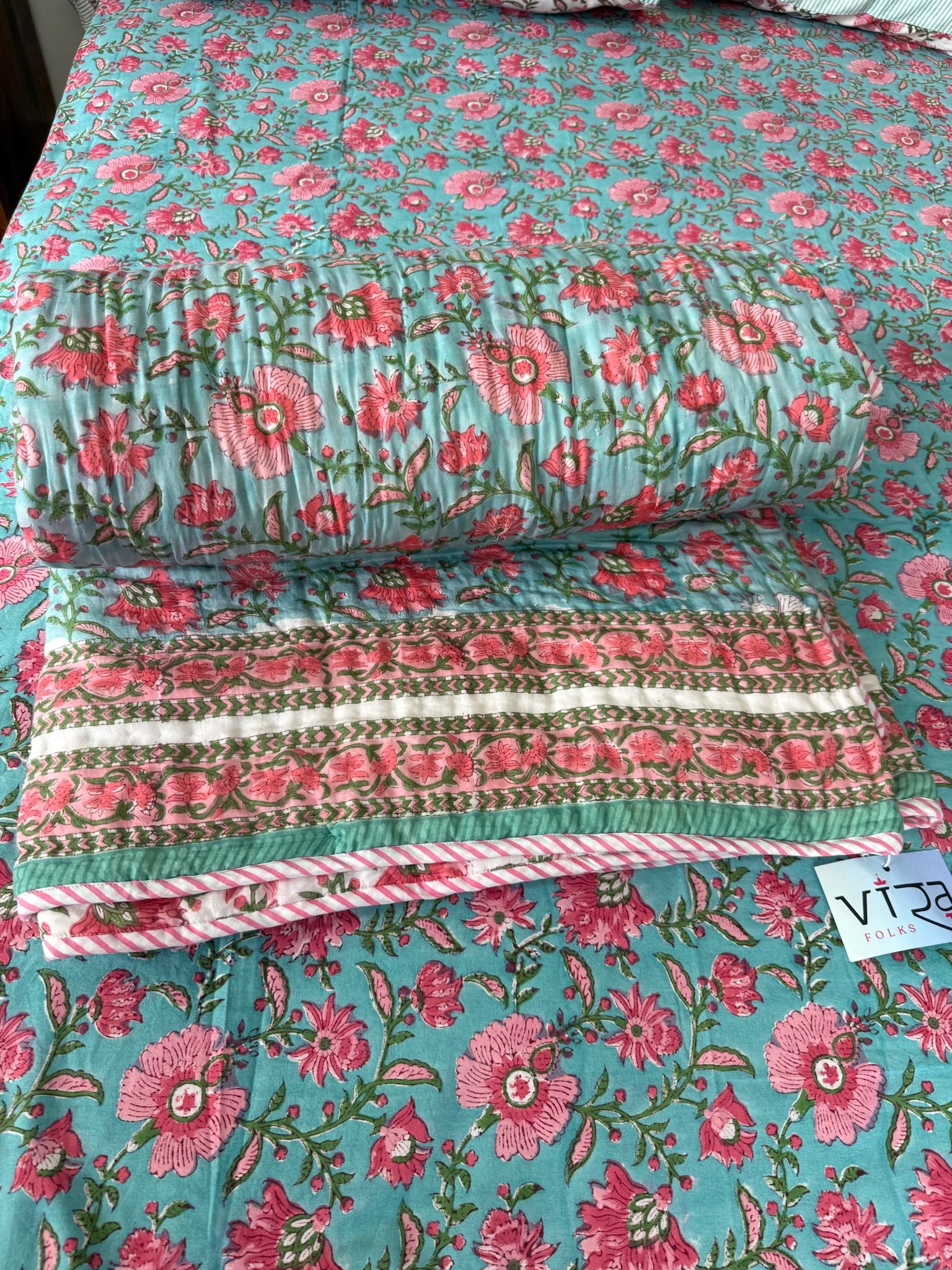 Hand Block Printed Sea Green & Pink Floral Soft Cotton Quilt with Cotton Filling