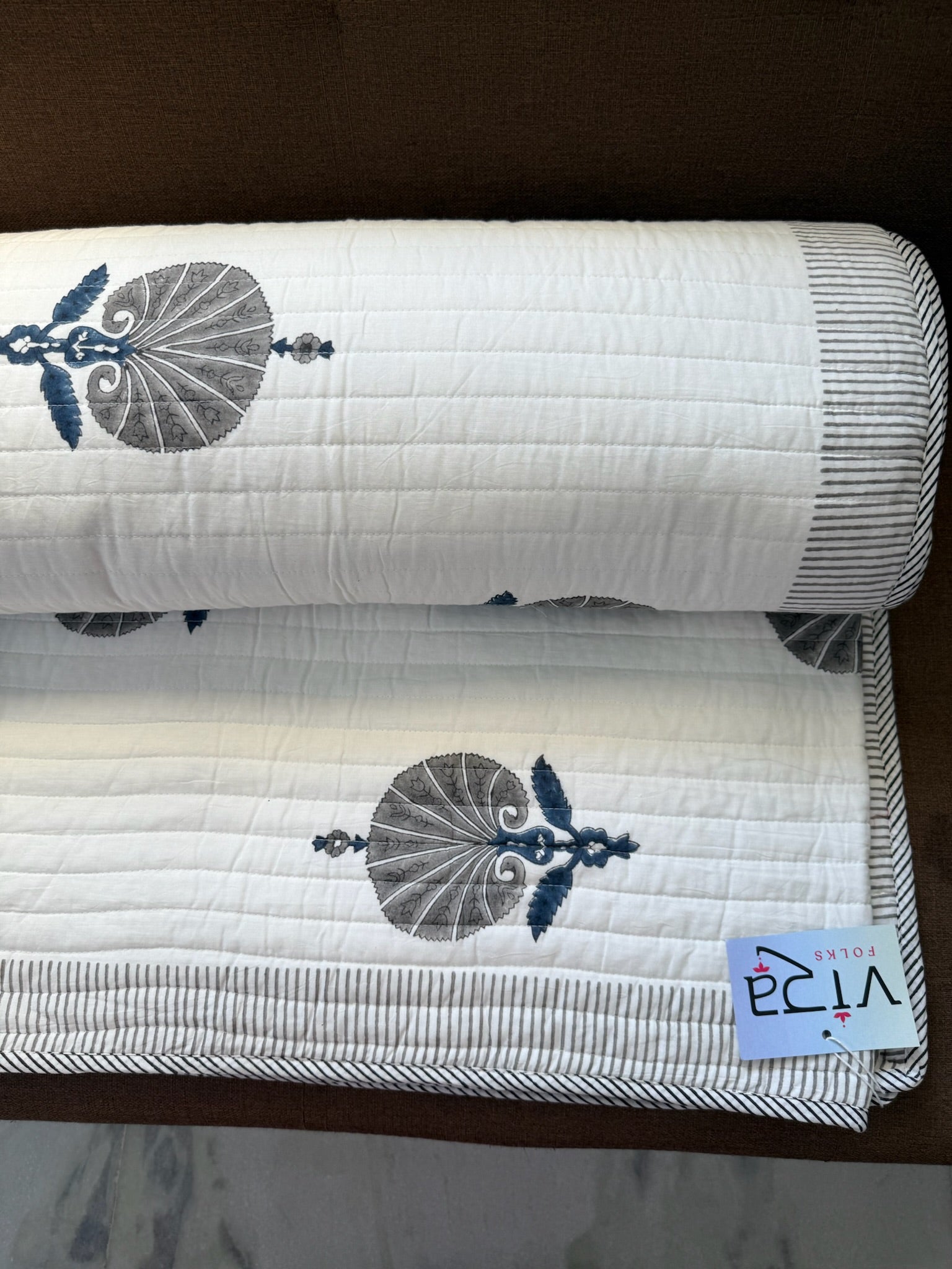 Hand Block Printed Off White & Dark blue Soft Cotton Dohar with Cotton Filling