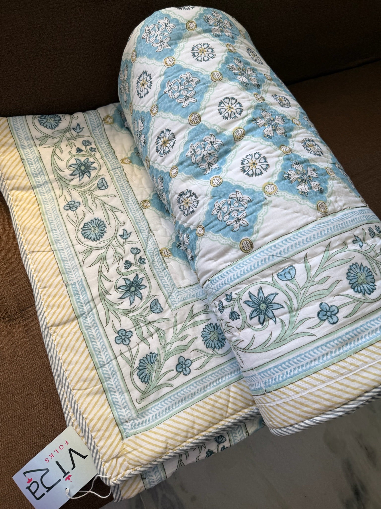 Hand Block Printed Off White & Blue Pure Soft Cotton Quilt with Cotton Filling