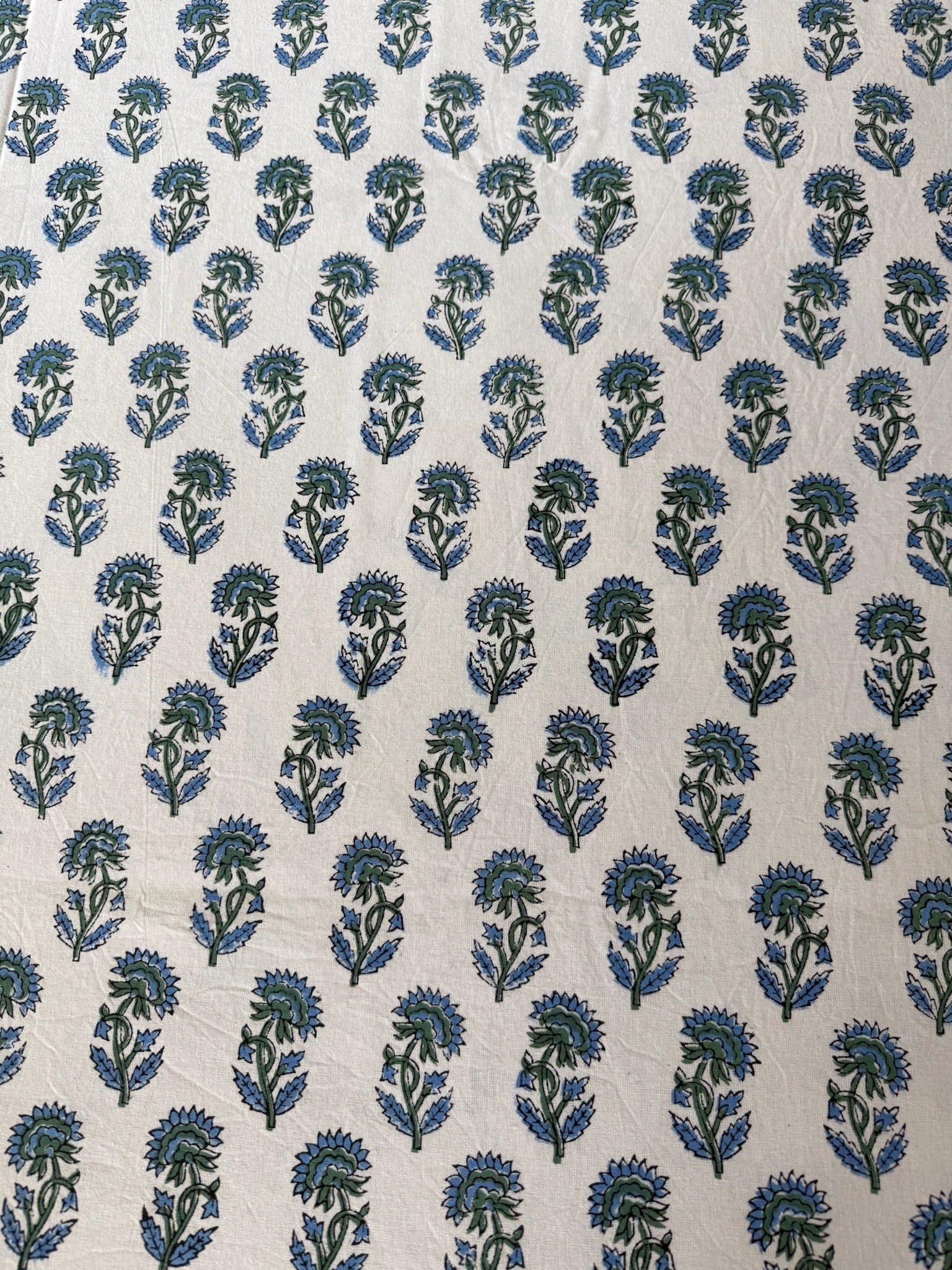 Hand Block Printed Blue & White Floral Cotton Bedsheet with Geometric Pattern (with Pillow Covers