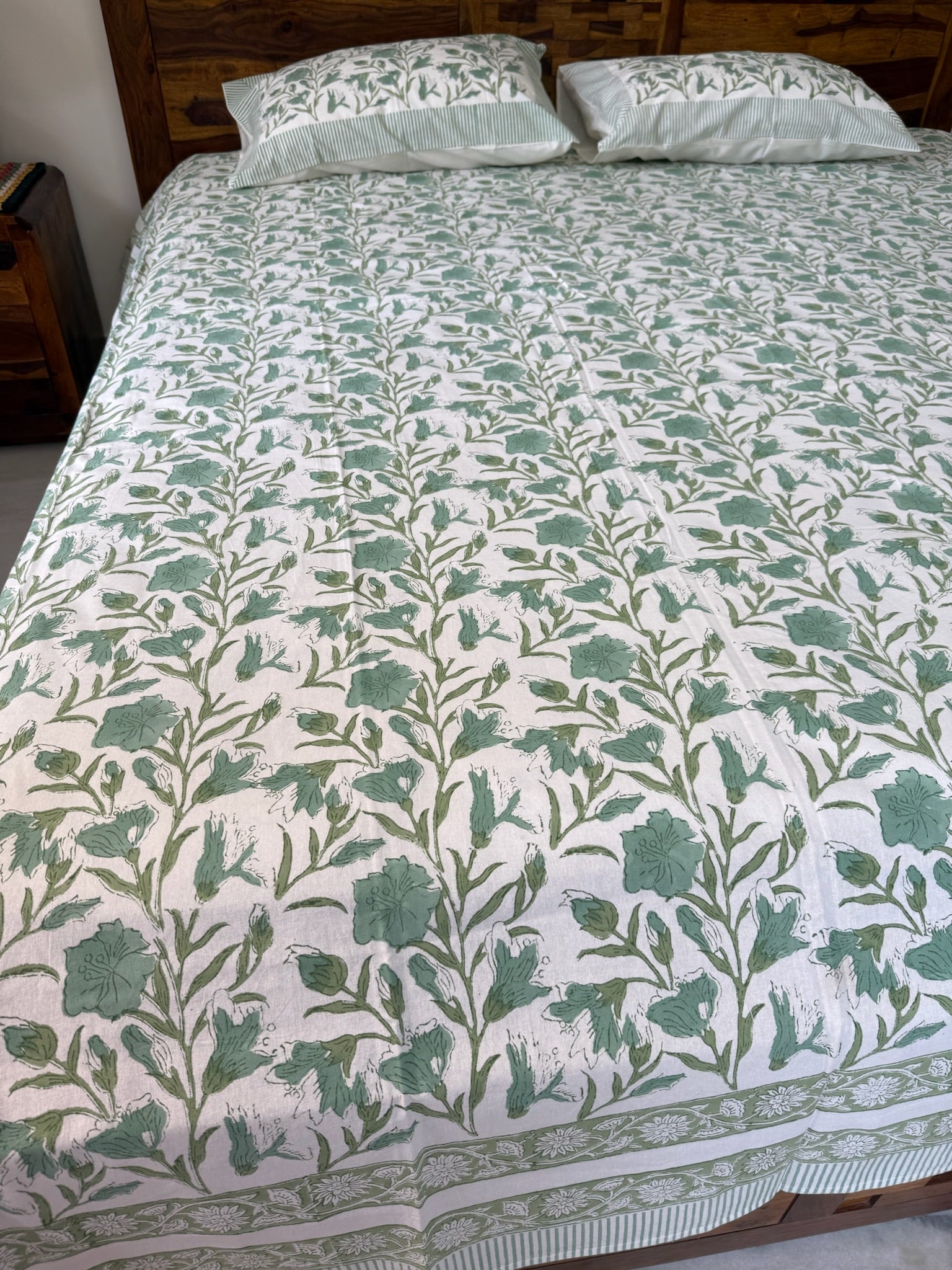 Hand Block Printed Off White &green Leaf Print Floral Cotton Bedsheet