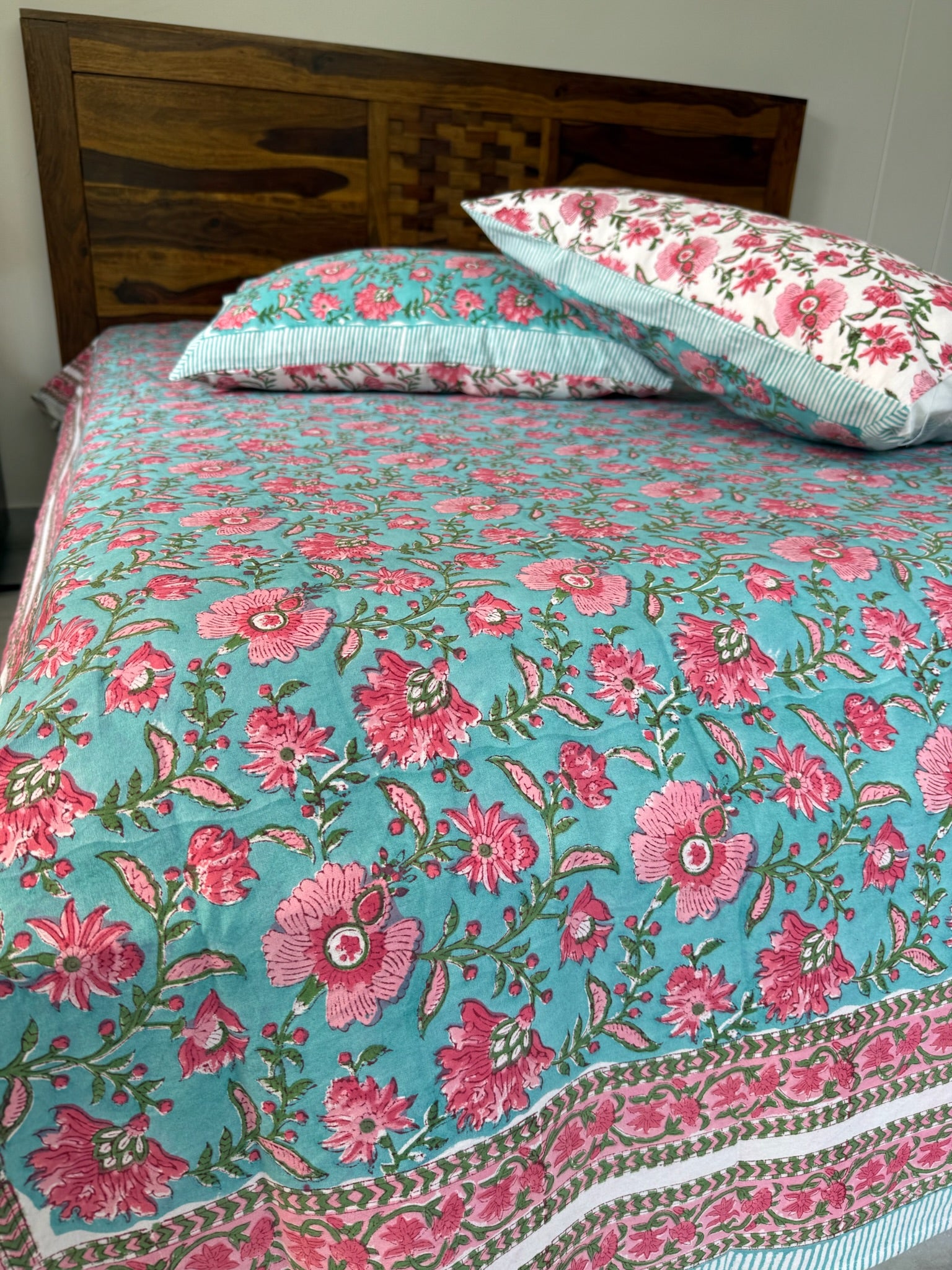 Hand Block Printed Sea Green & Pink Floral Cotton Bedsheet