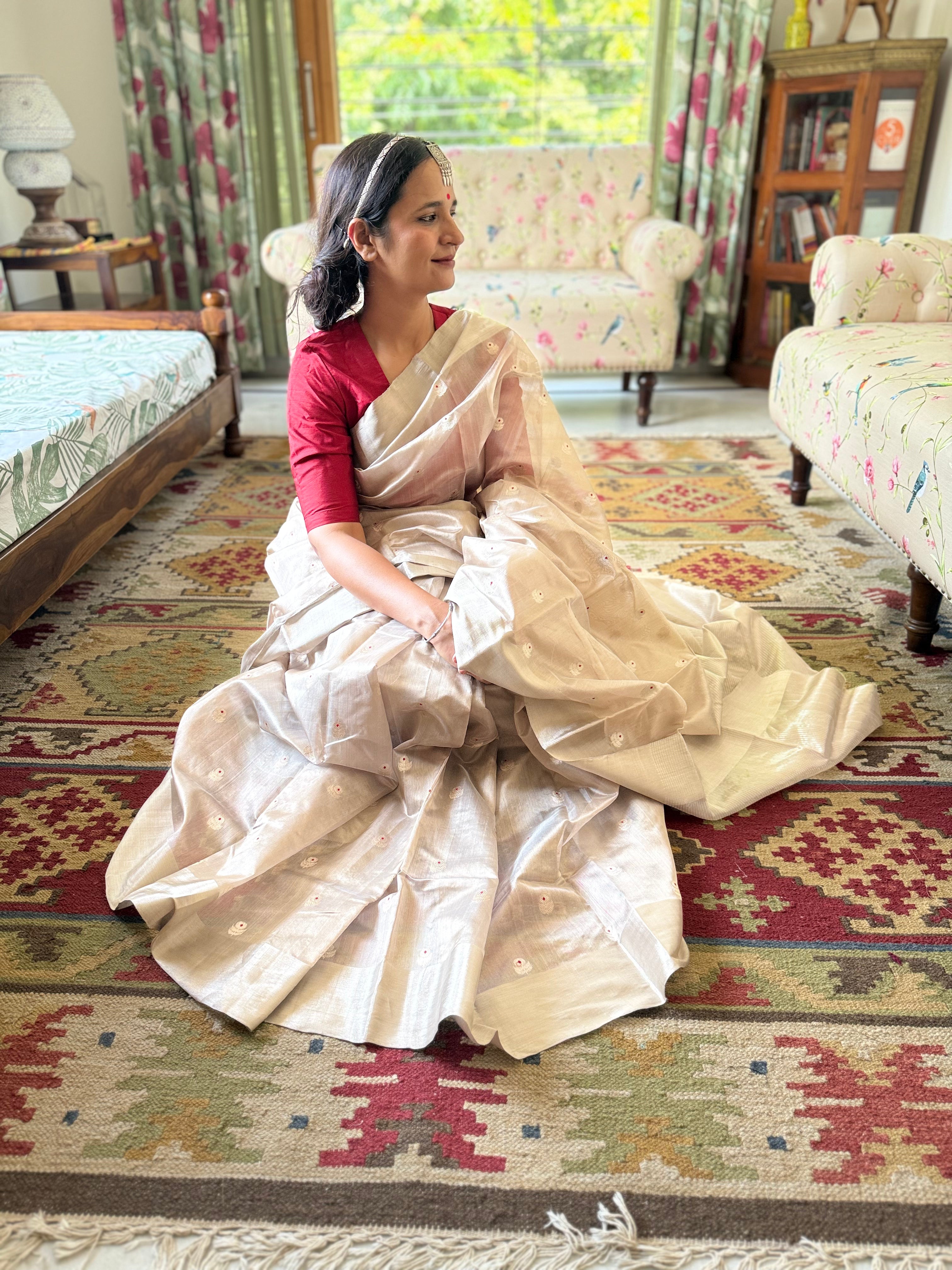 Ivory Ash Pure Chanderi Silk Saree with Handwoven Zari Buti