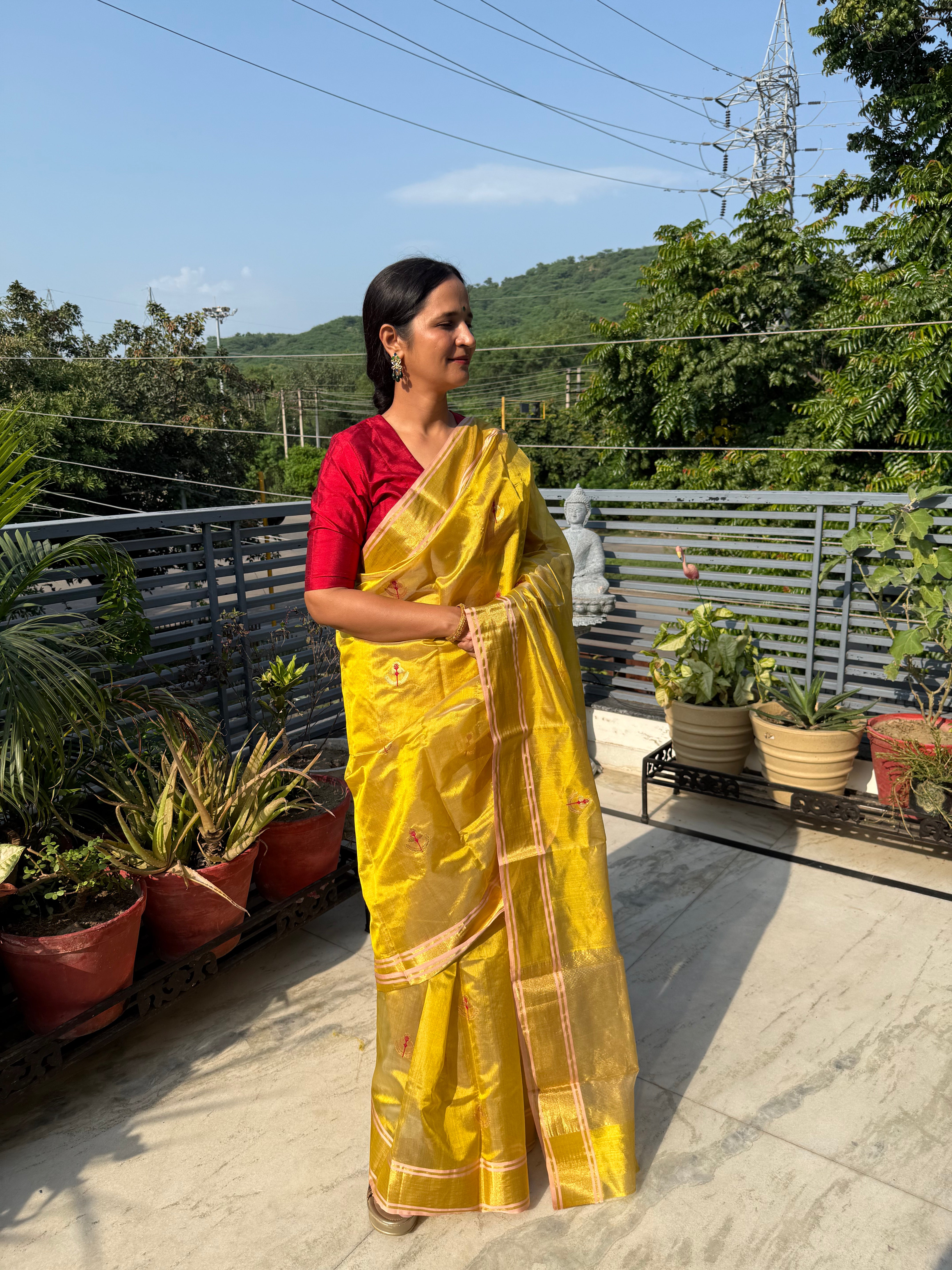 Golden Yellow Pure Chanderi Silk Saree with Handwoven Zari Buti