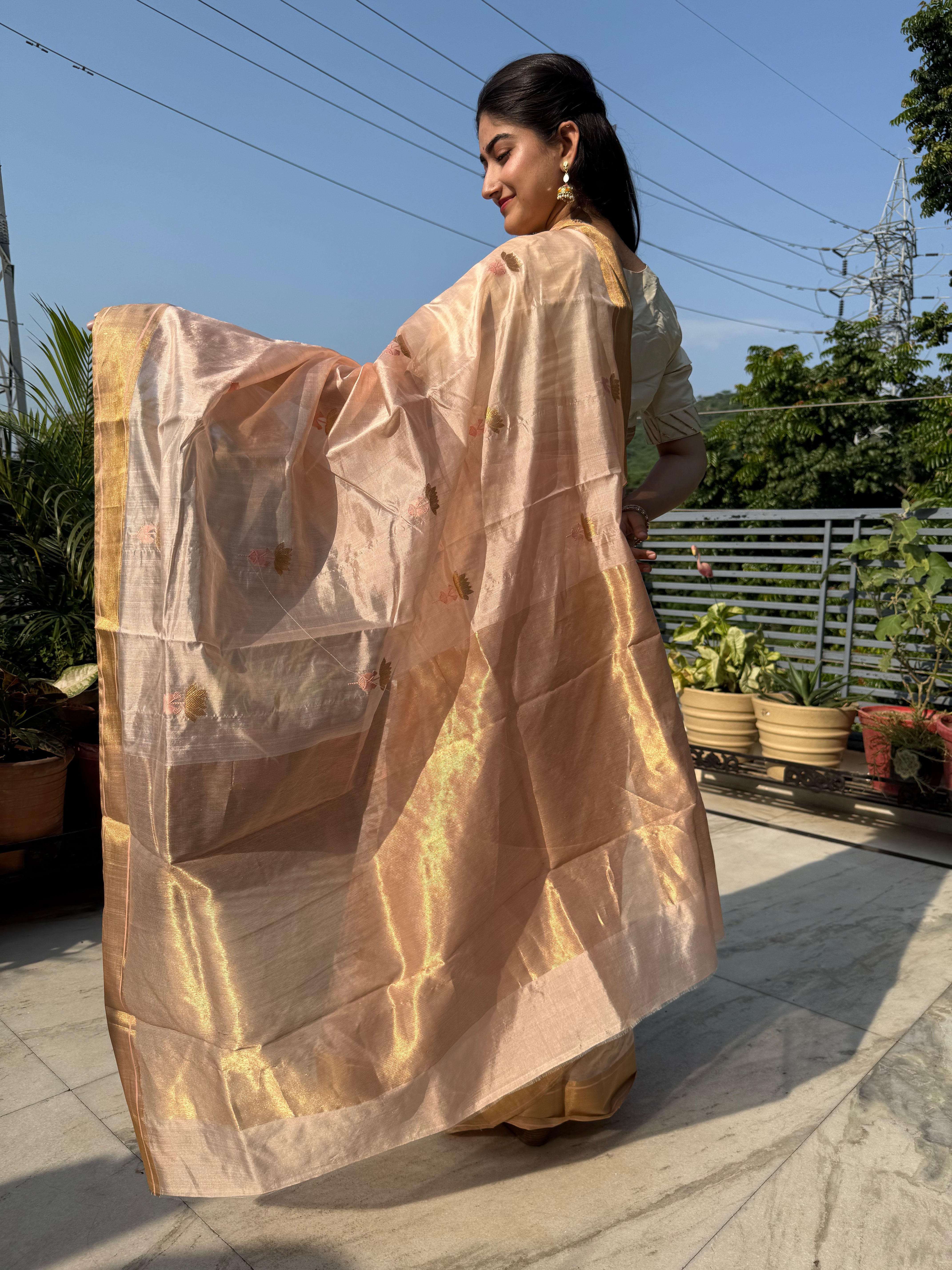 Pink and Gold Pure Chanderi Silk Saree with Handwoven Golden Zari Buti