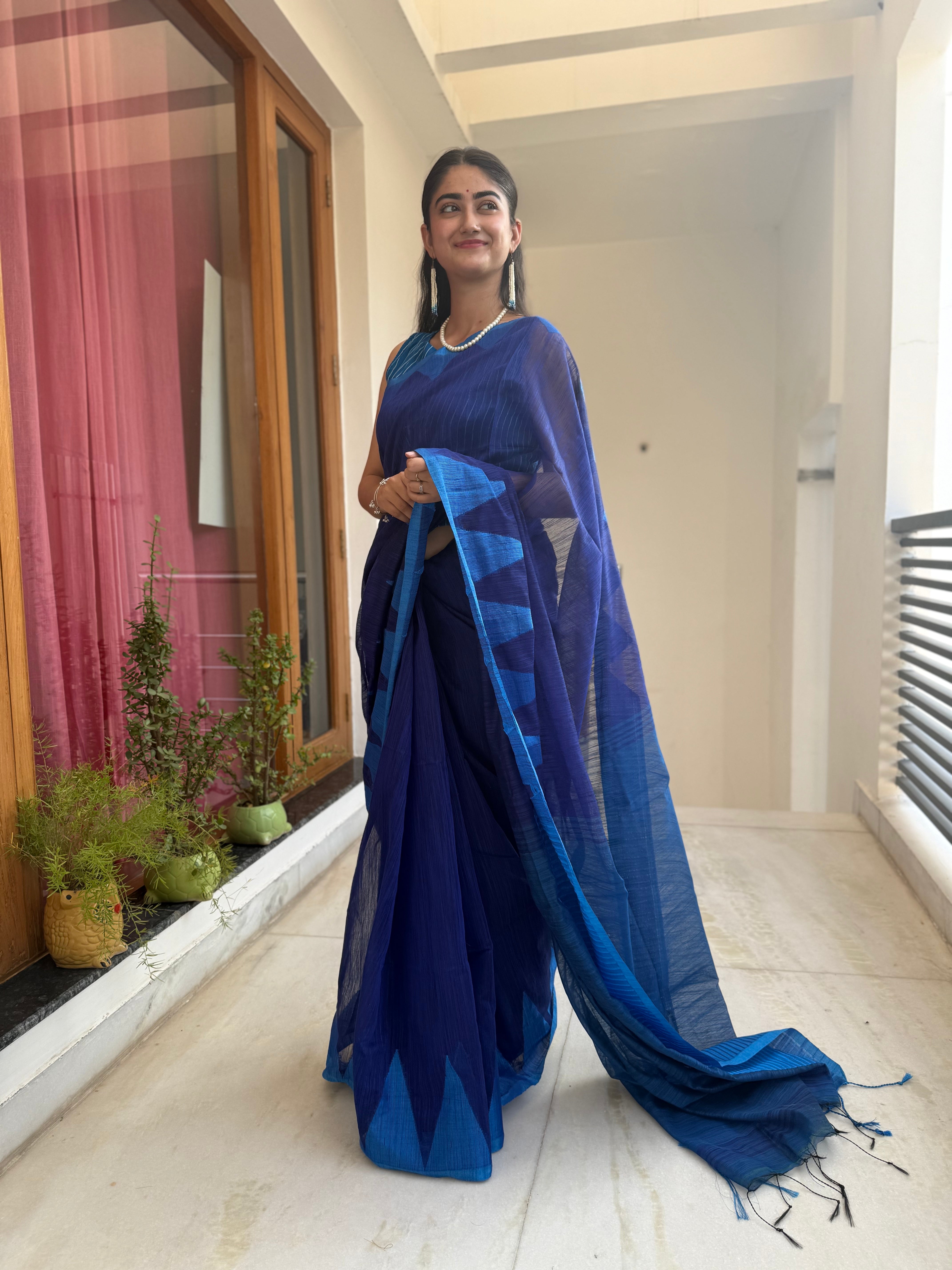 Royal Blue and Sky Blue Cotton Saree
