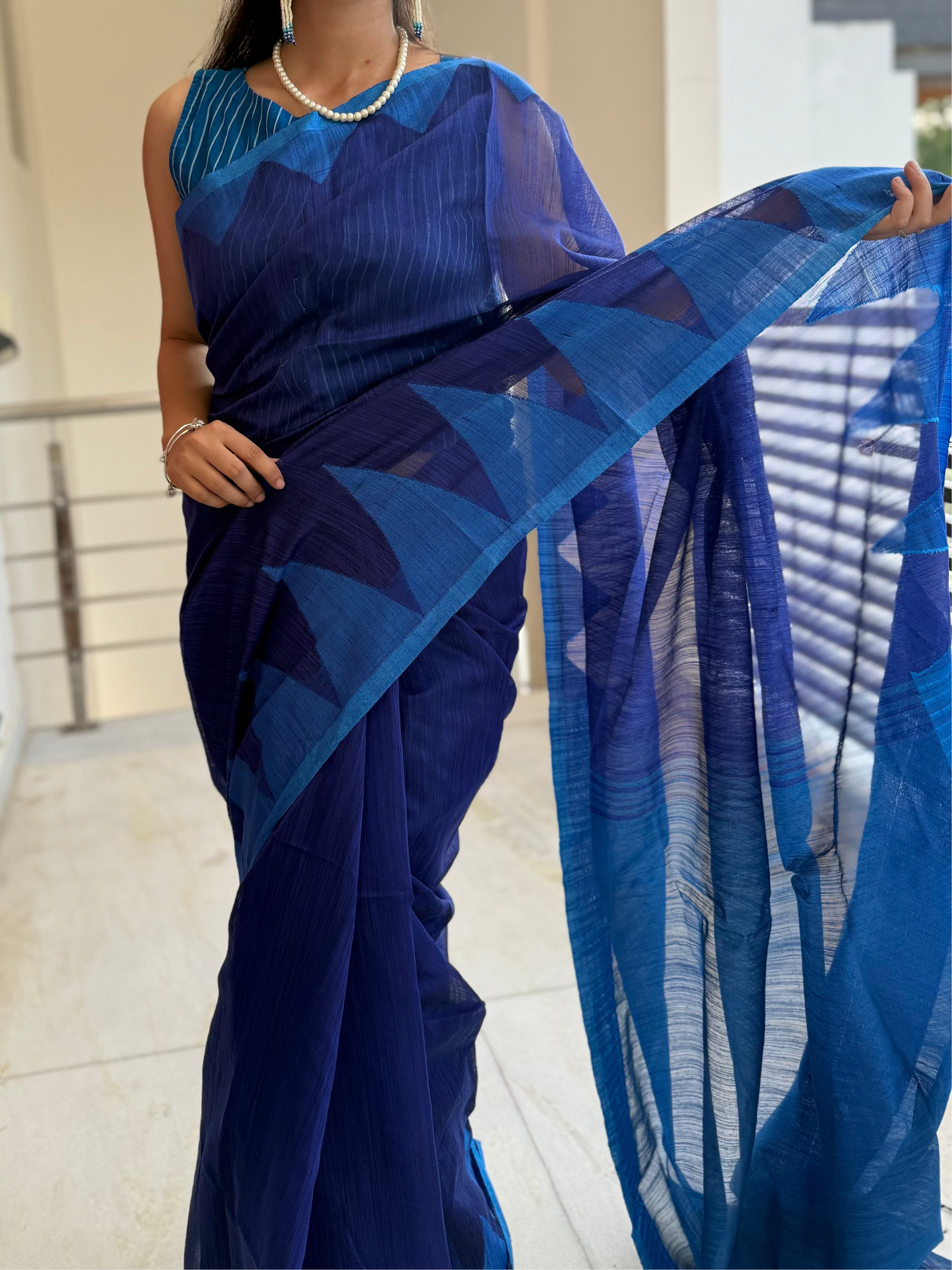 Royal Blue and Sky Blue Cotton Saree