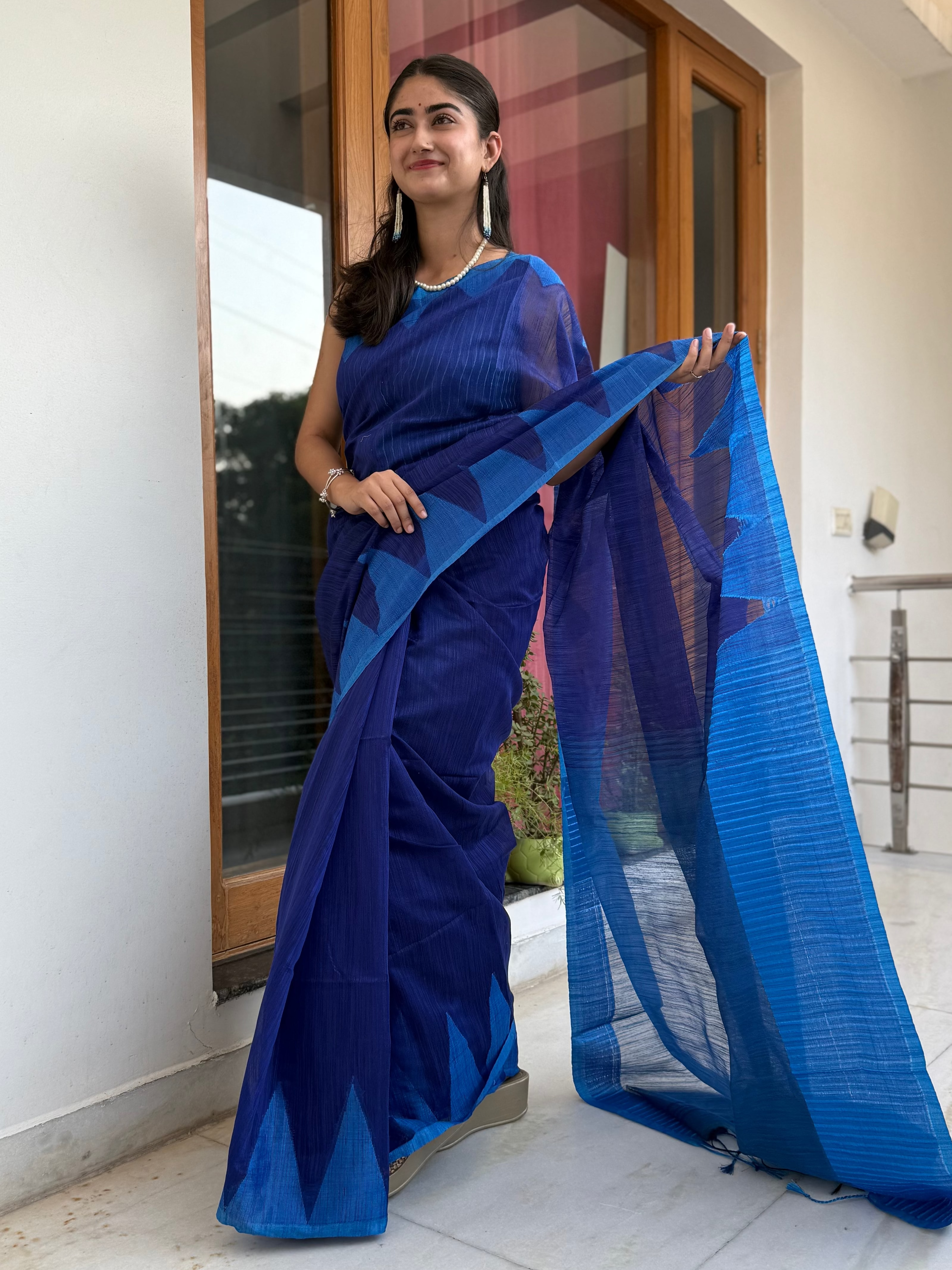Royal Blue and Sky Blue Cotton Saree