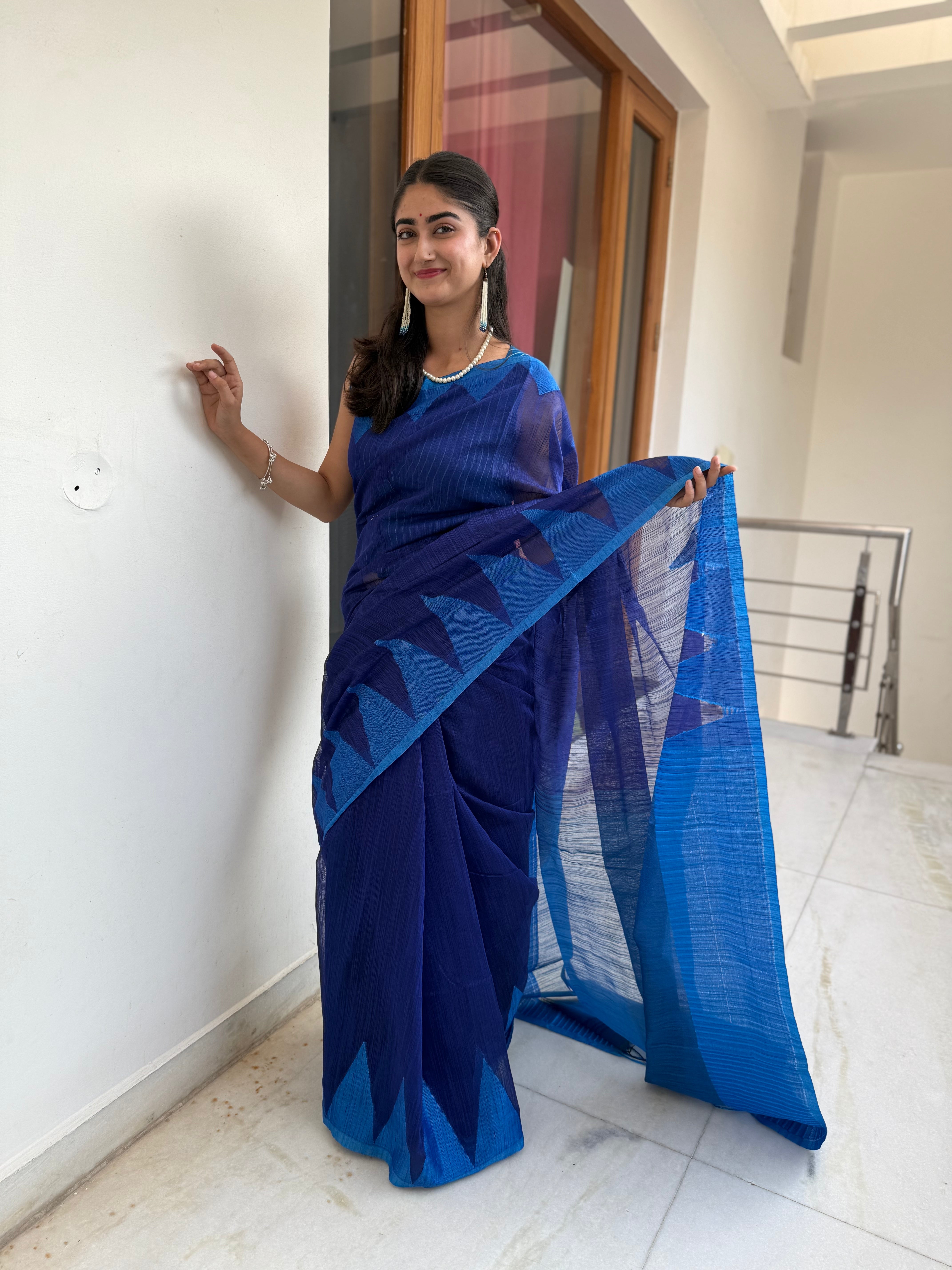 Royal Blue and Sky Blue Cotton Saree