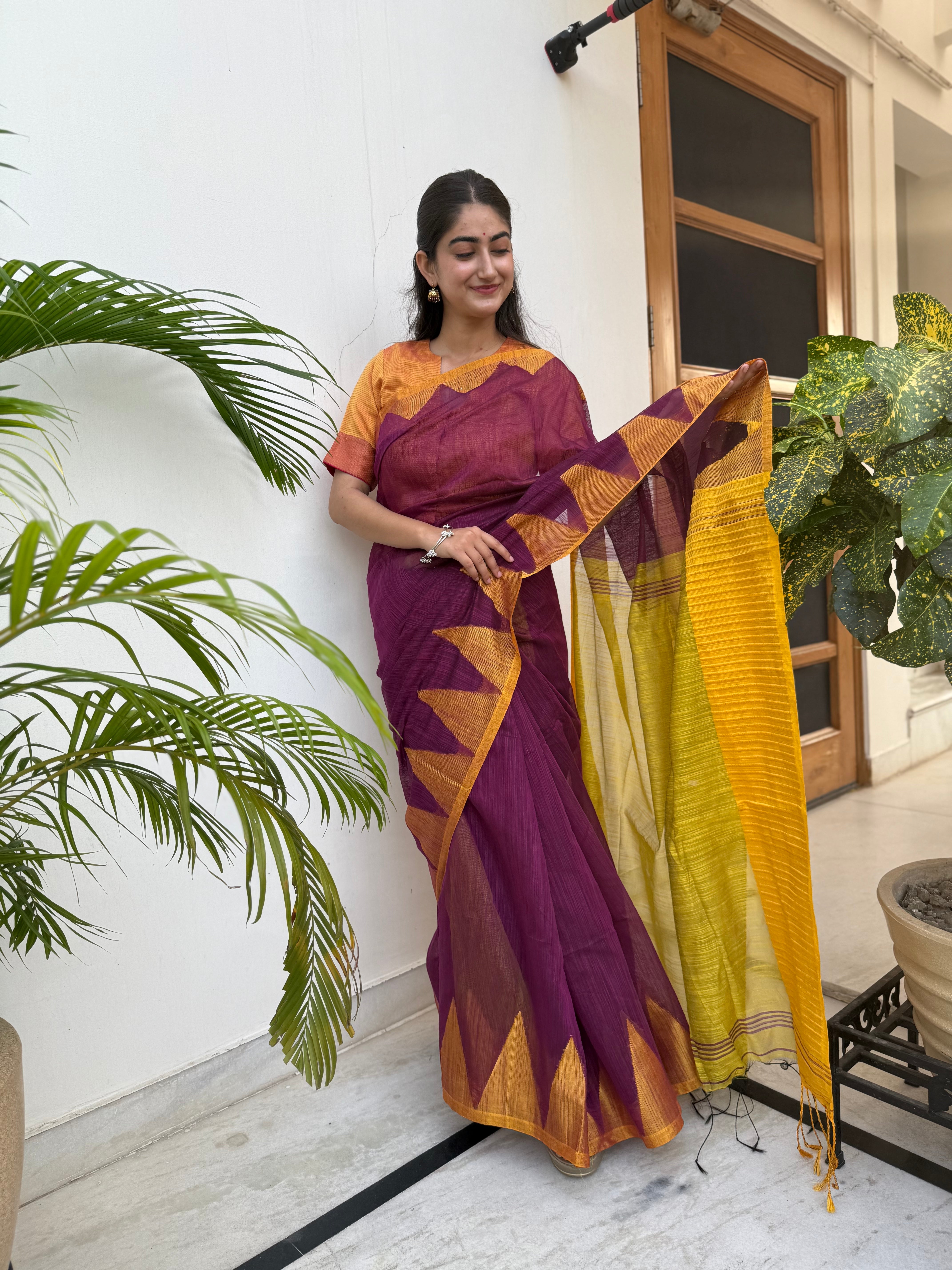 Wine and Yellow Cotton Saree
