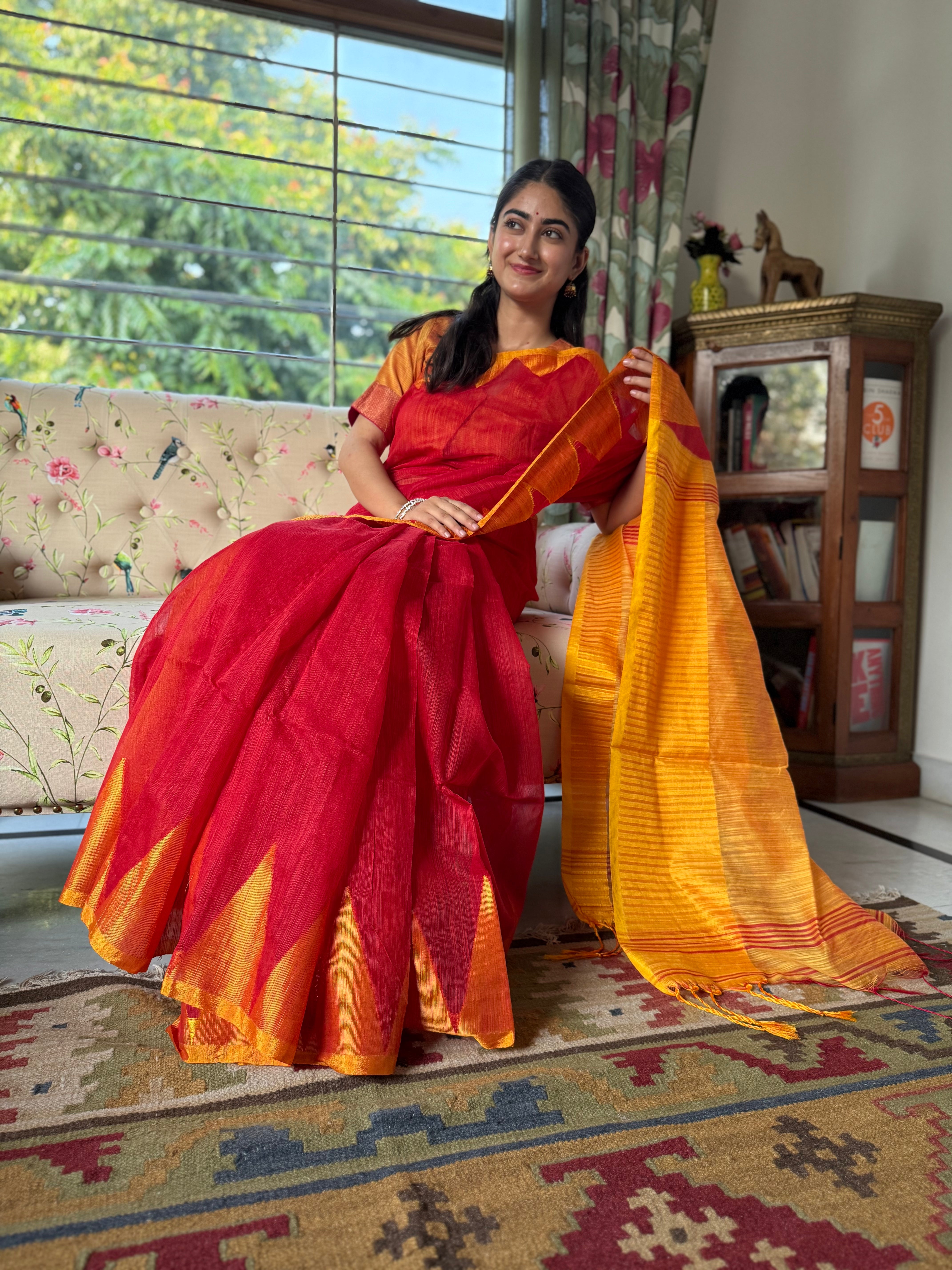 Red and Yellow Cotton Saree