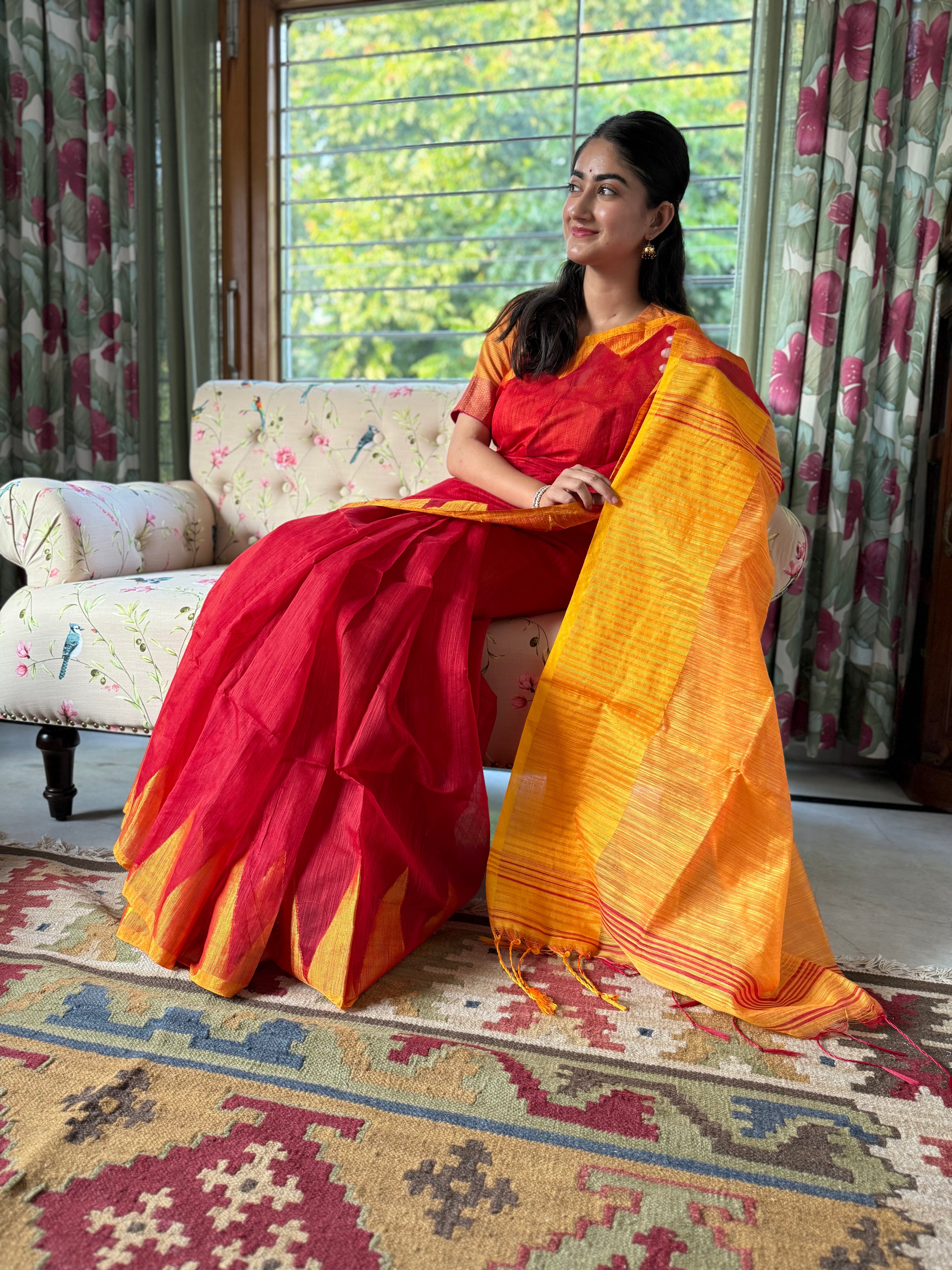 Red and Yellow Cotton Saree