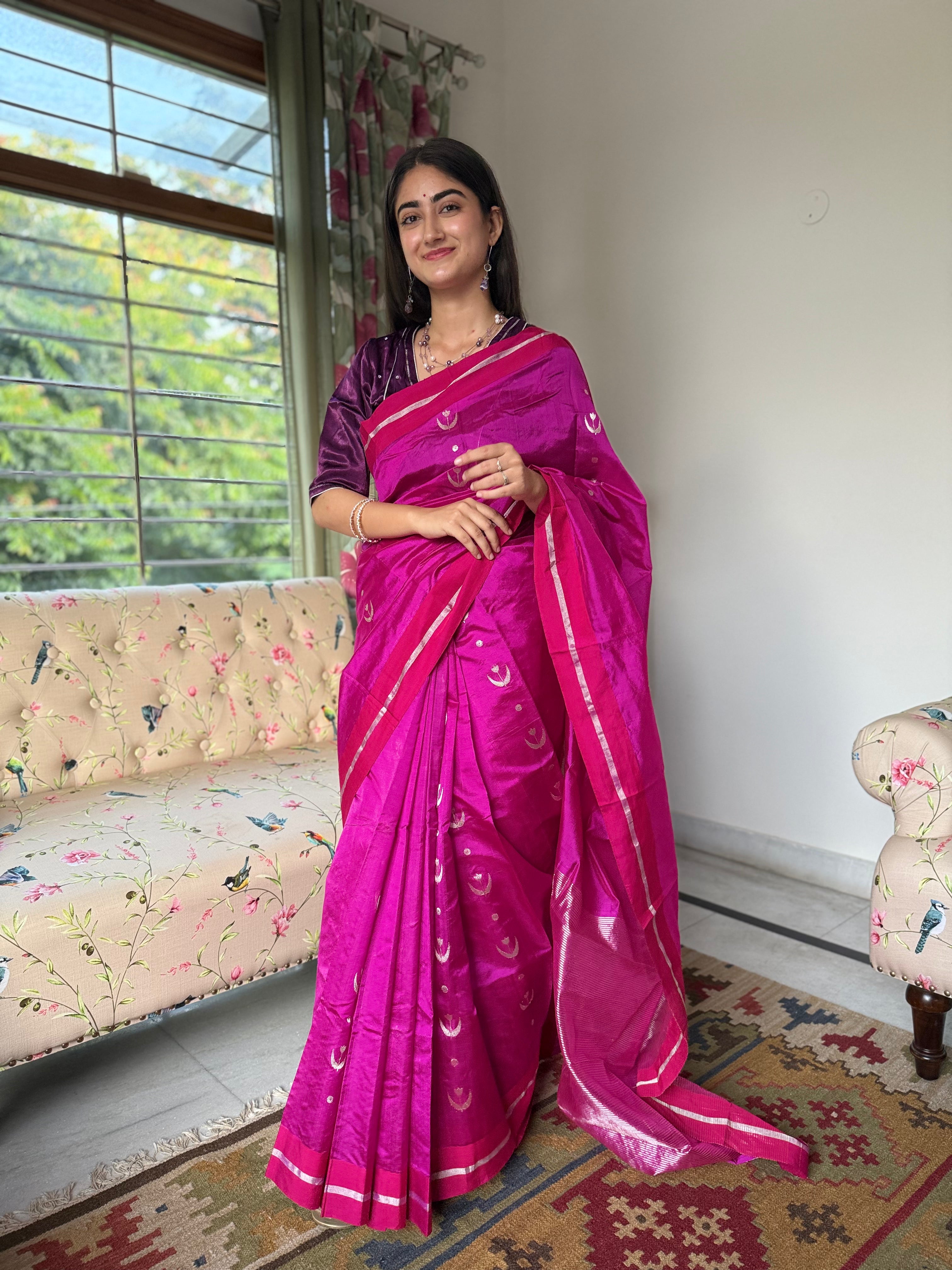 Magenta Pure Chanderi Silk Saree with Handwoven Silver Zari Buti and Tissue Palla
