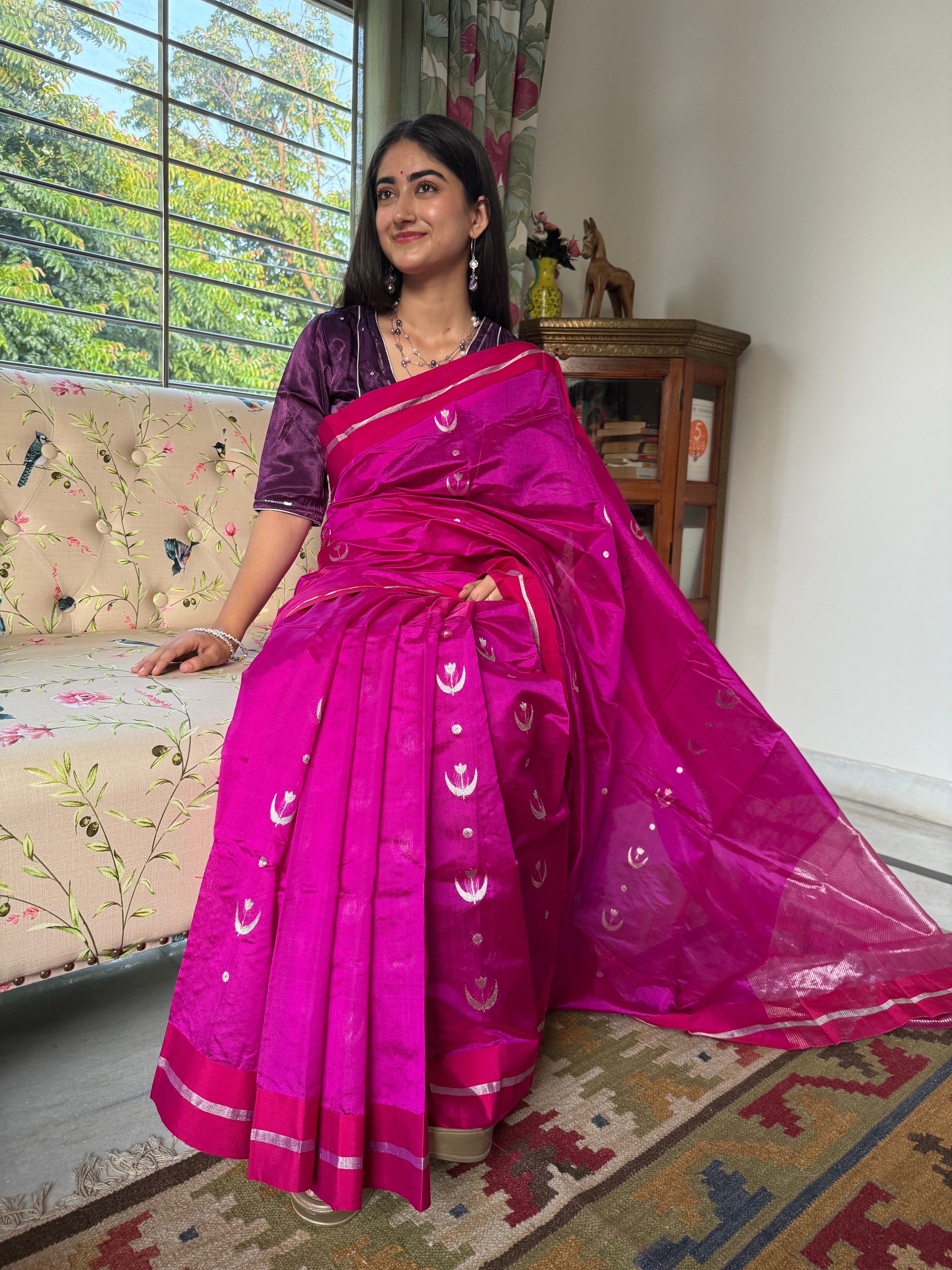 Magenta Pure Chanderi Silk Saree with Handwoven Silver Zari Buti and Tissue Palla