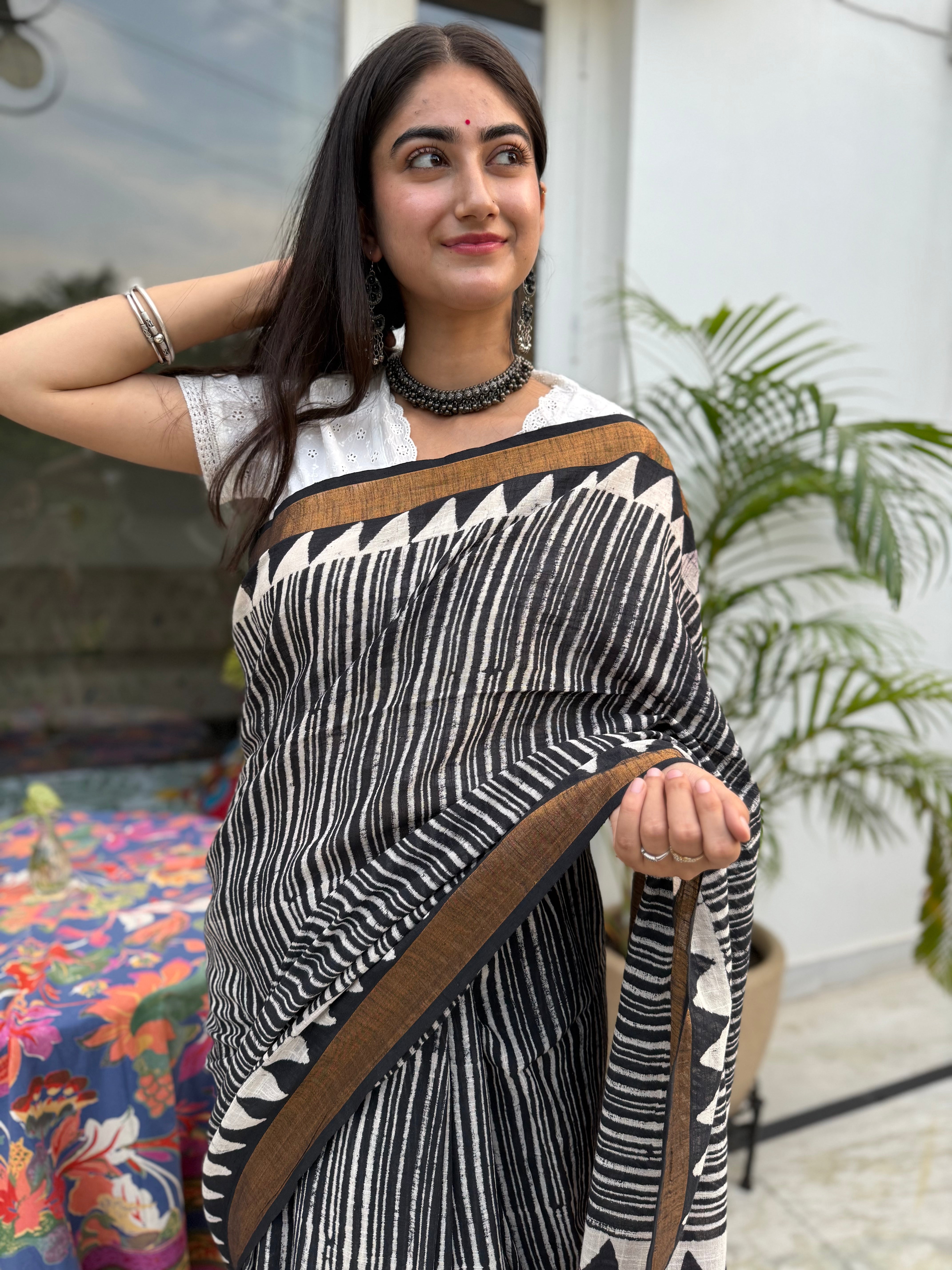 Indigo Ajrakh Hand Block Pure Linen Saree