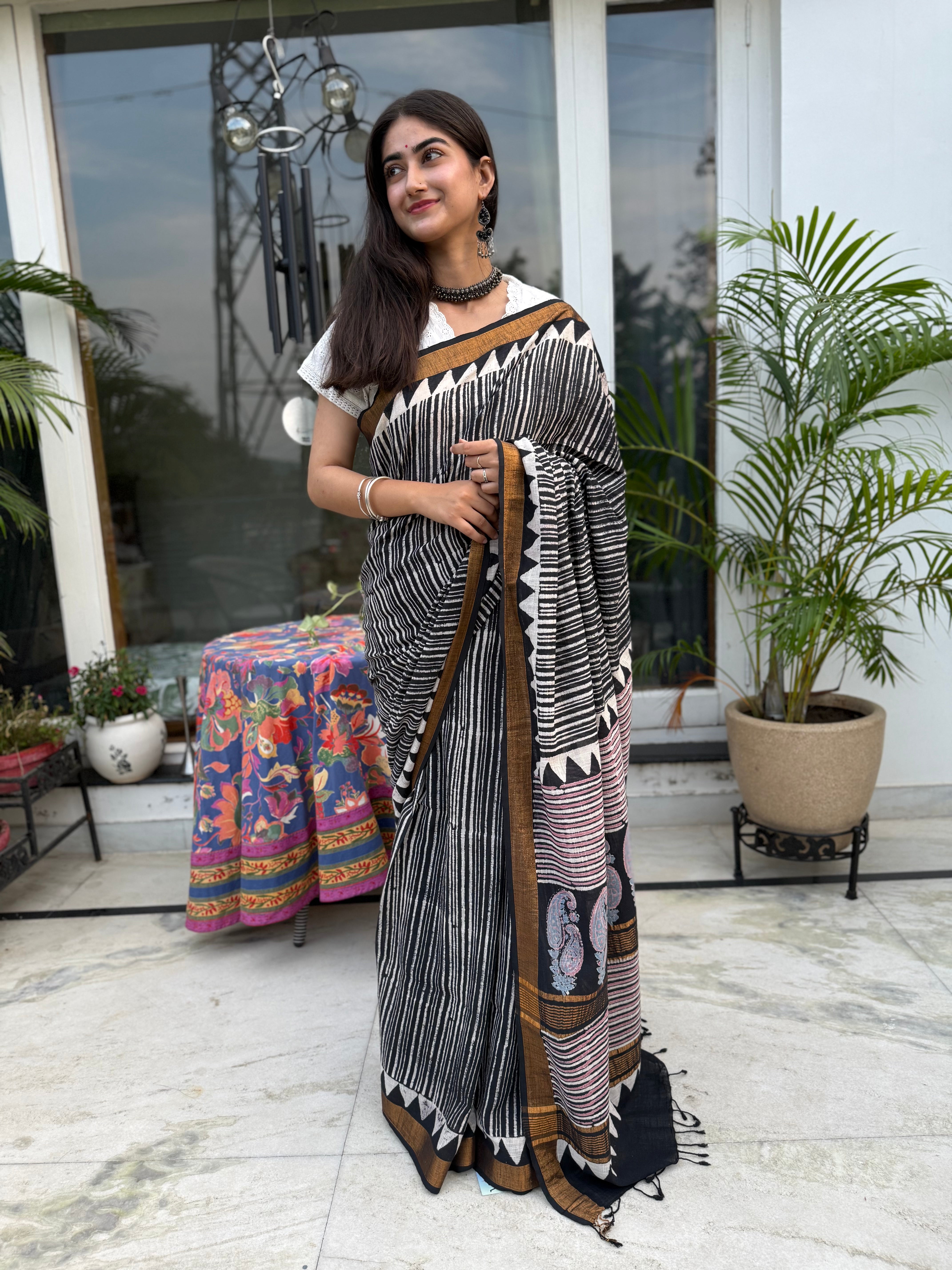 Indigo Ajrakh Hand Block Pure Linen Saree