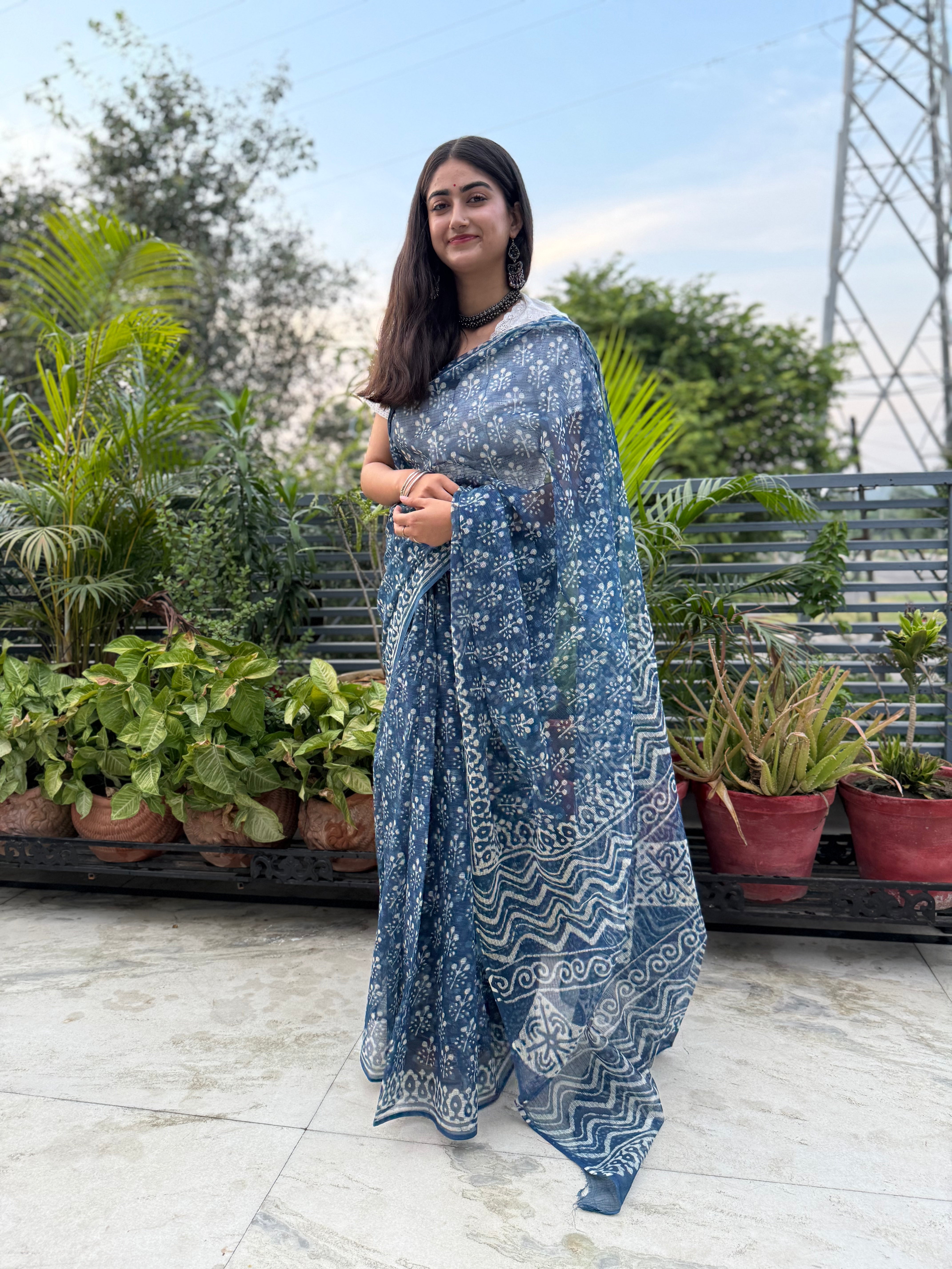 Indigo Hand Block Kota Doria Saree