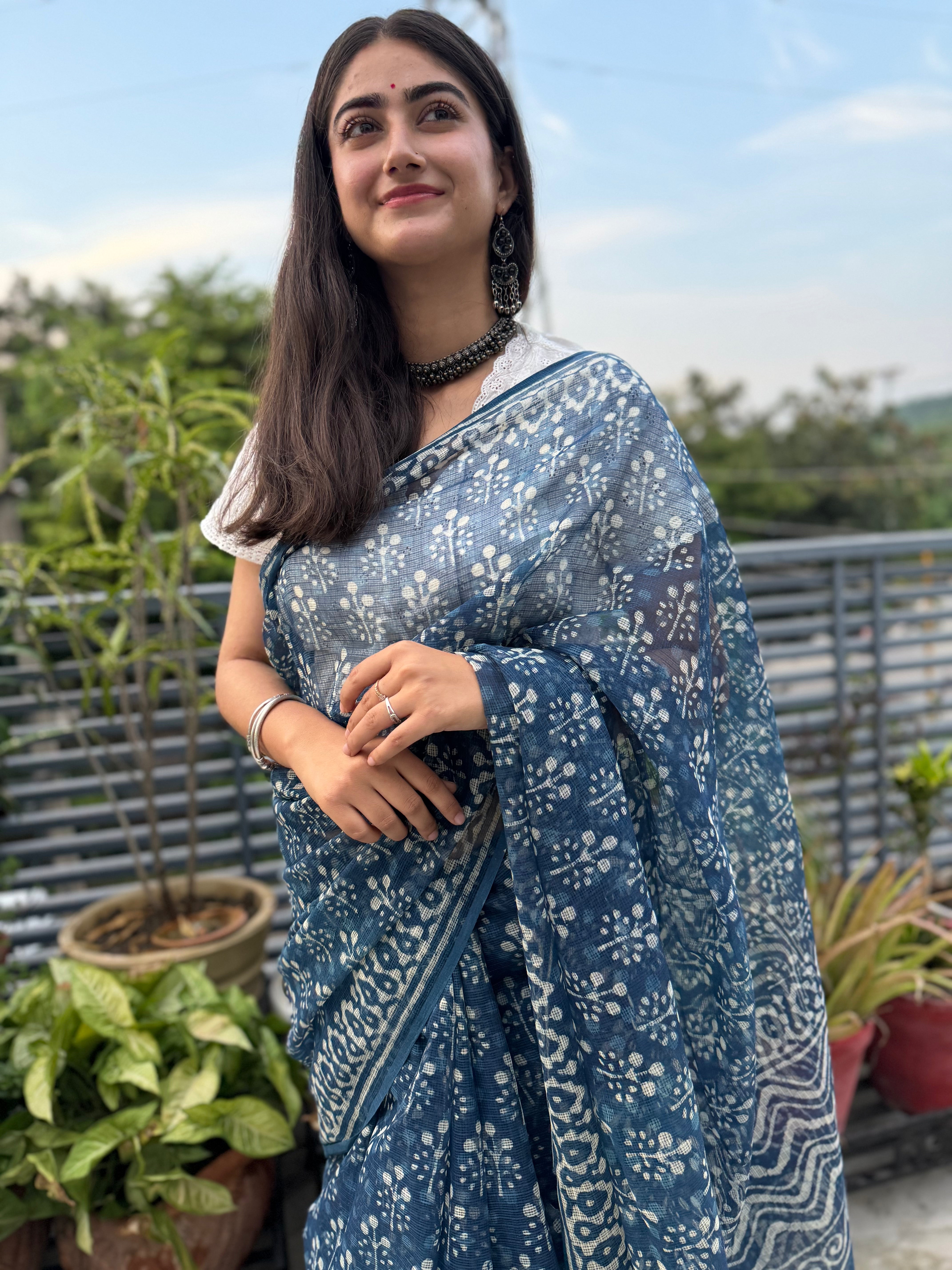 Indigo Hand Block Kota Doria Saree