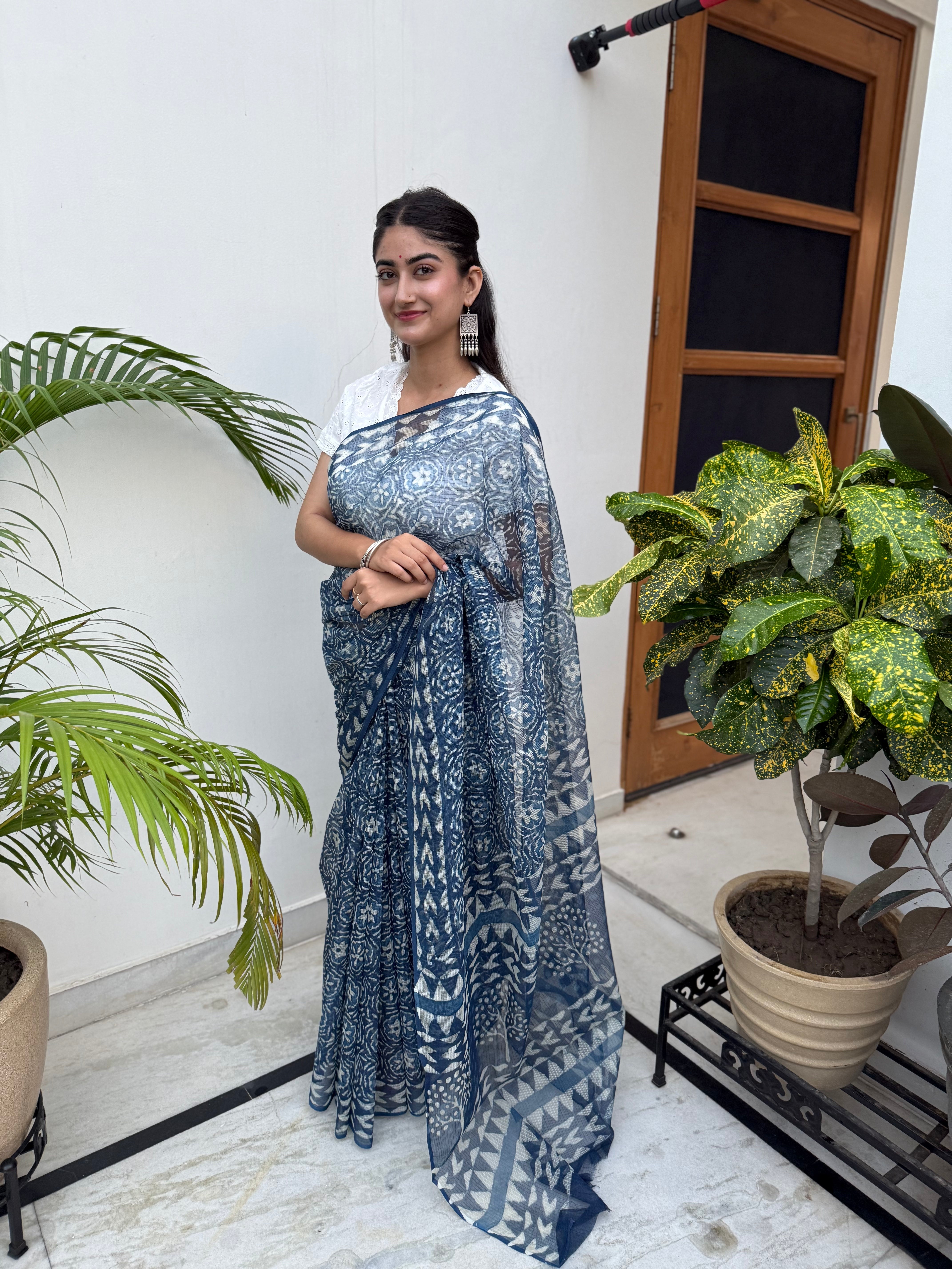 Indigo Hand Block Kota Doria Saree