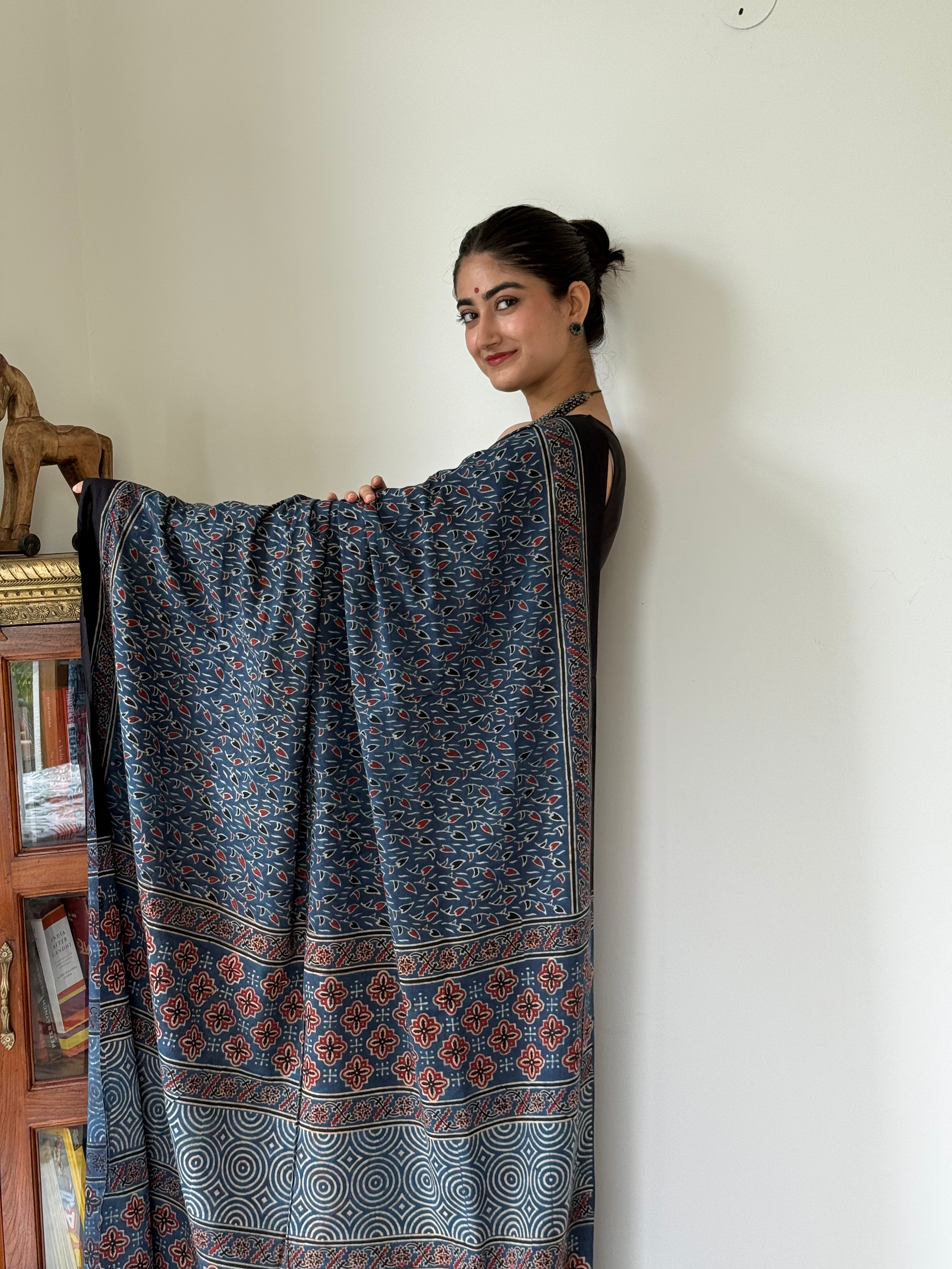 Detailed Ajrakh Print on Indigo Pure Cotton Saree