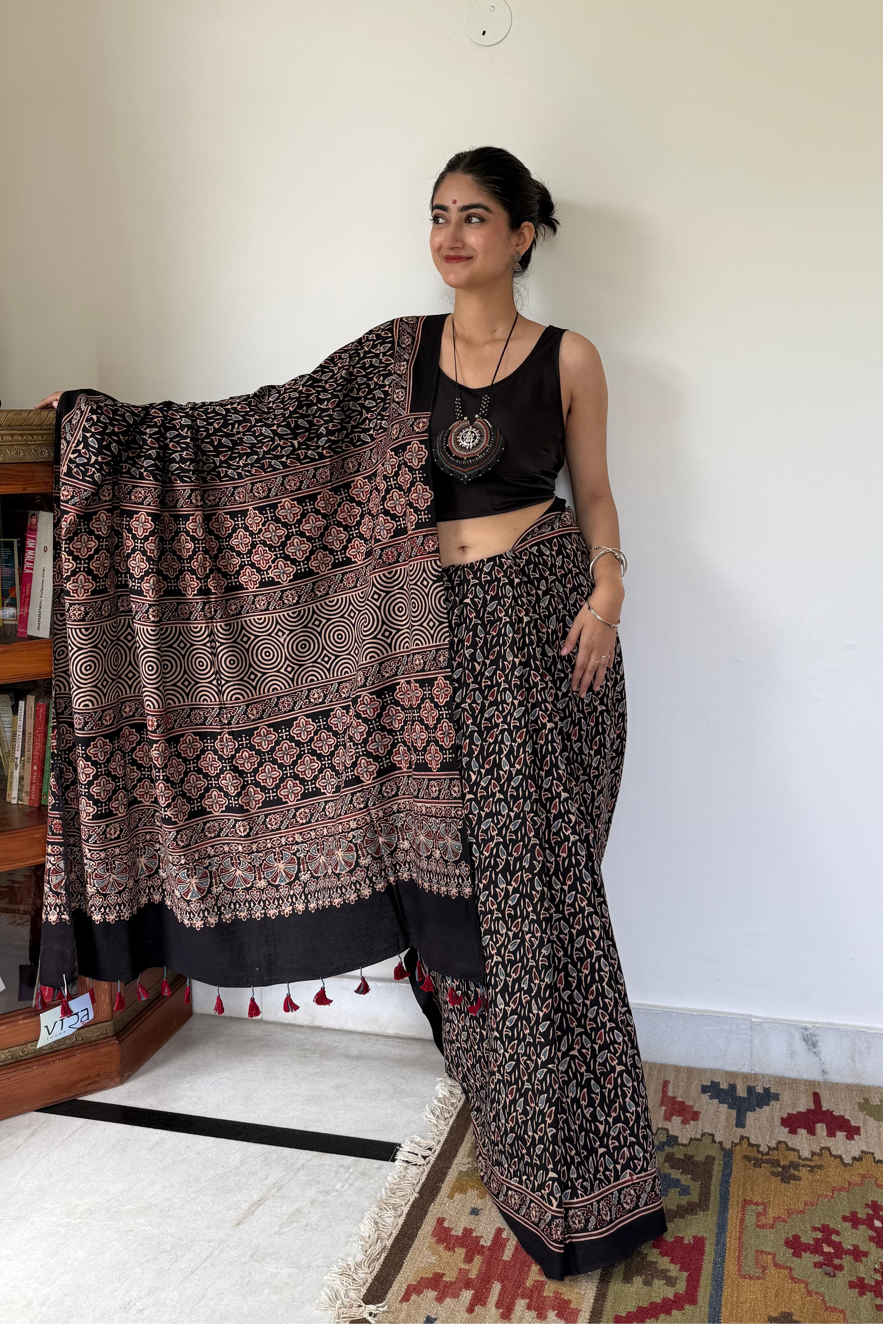 Black Ajrakh Hand Block Pure Cotton Saree draped on model