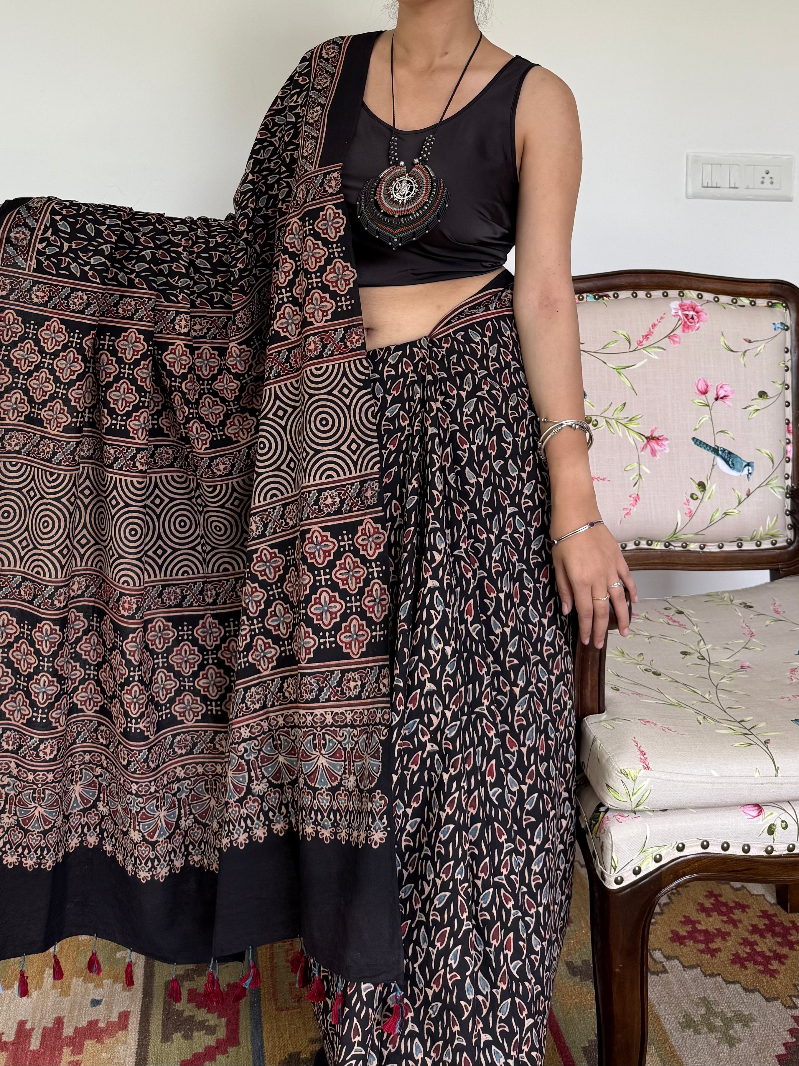 Black Ajrakh Hand Block Pure Cotton Saree draped on model