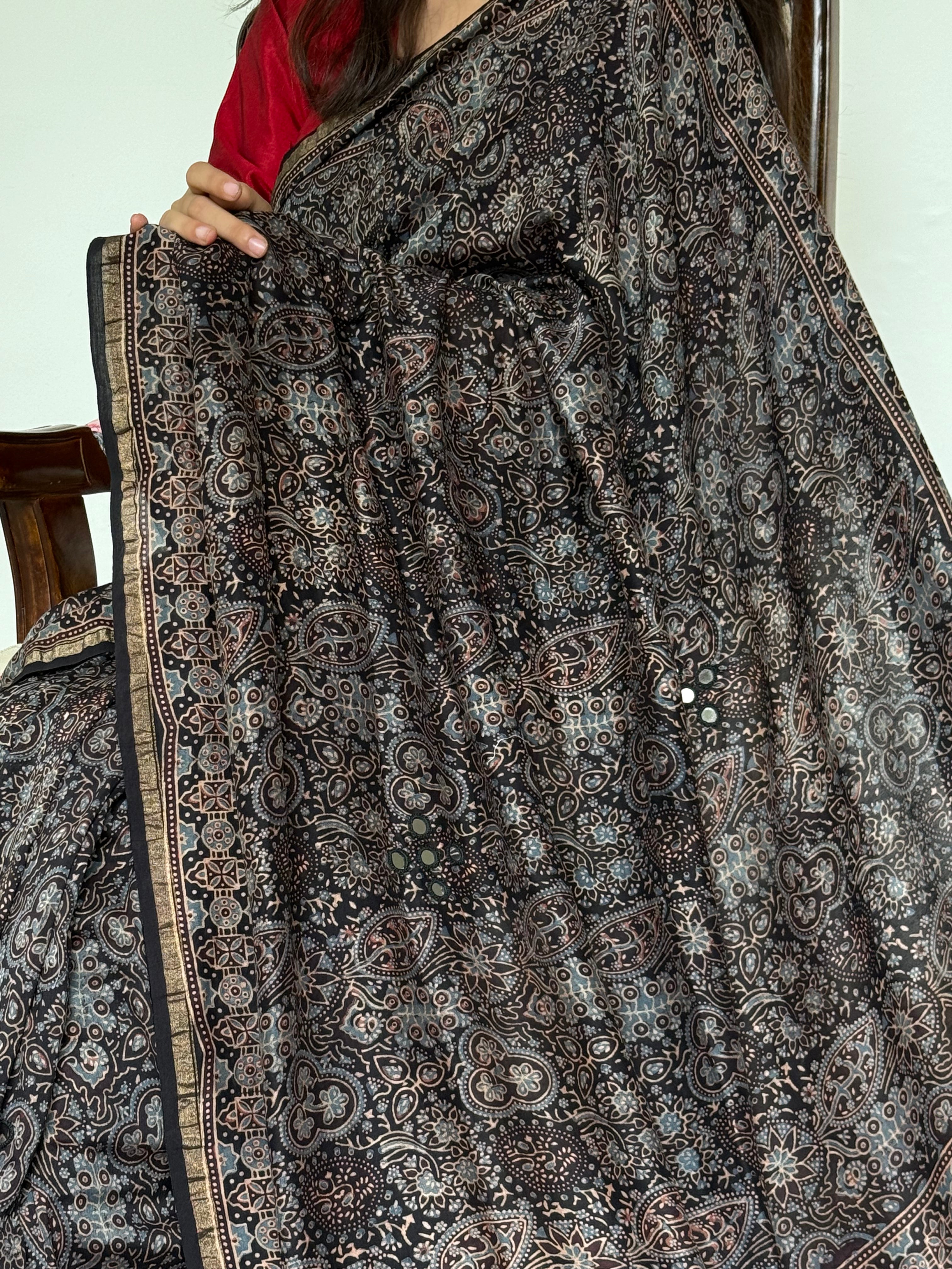 Detailed Mirror Work and Ajrakh Print on Chanderi Cotton Silk Saree