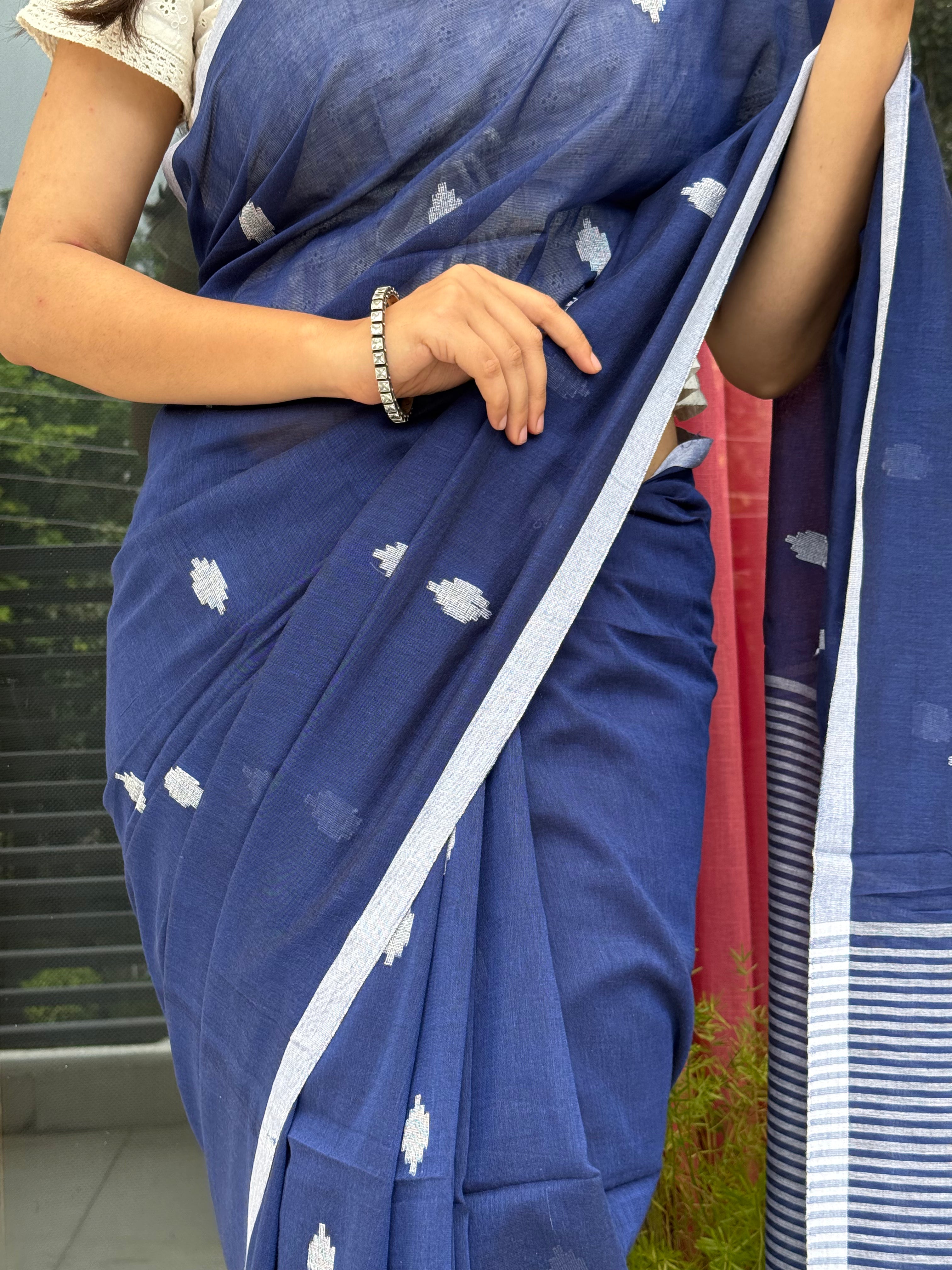 White buti motifs and stripe border on blue cotton fabric