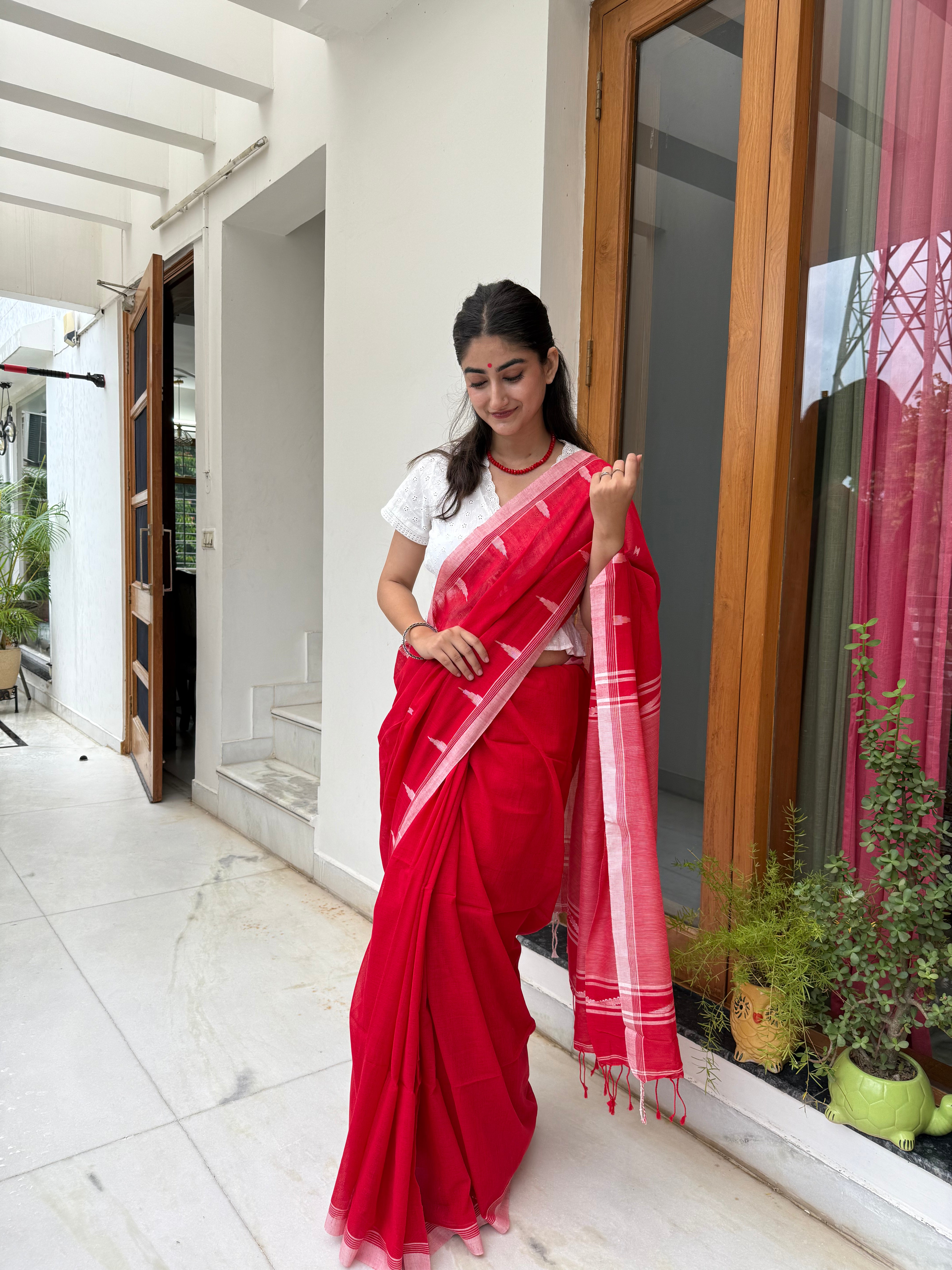 Red with Temple Weaving on Border Bengal Cotton Saree