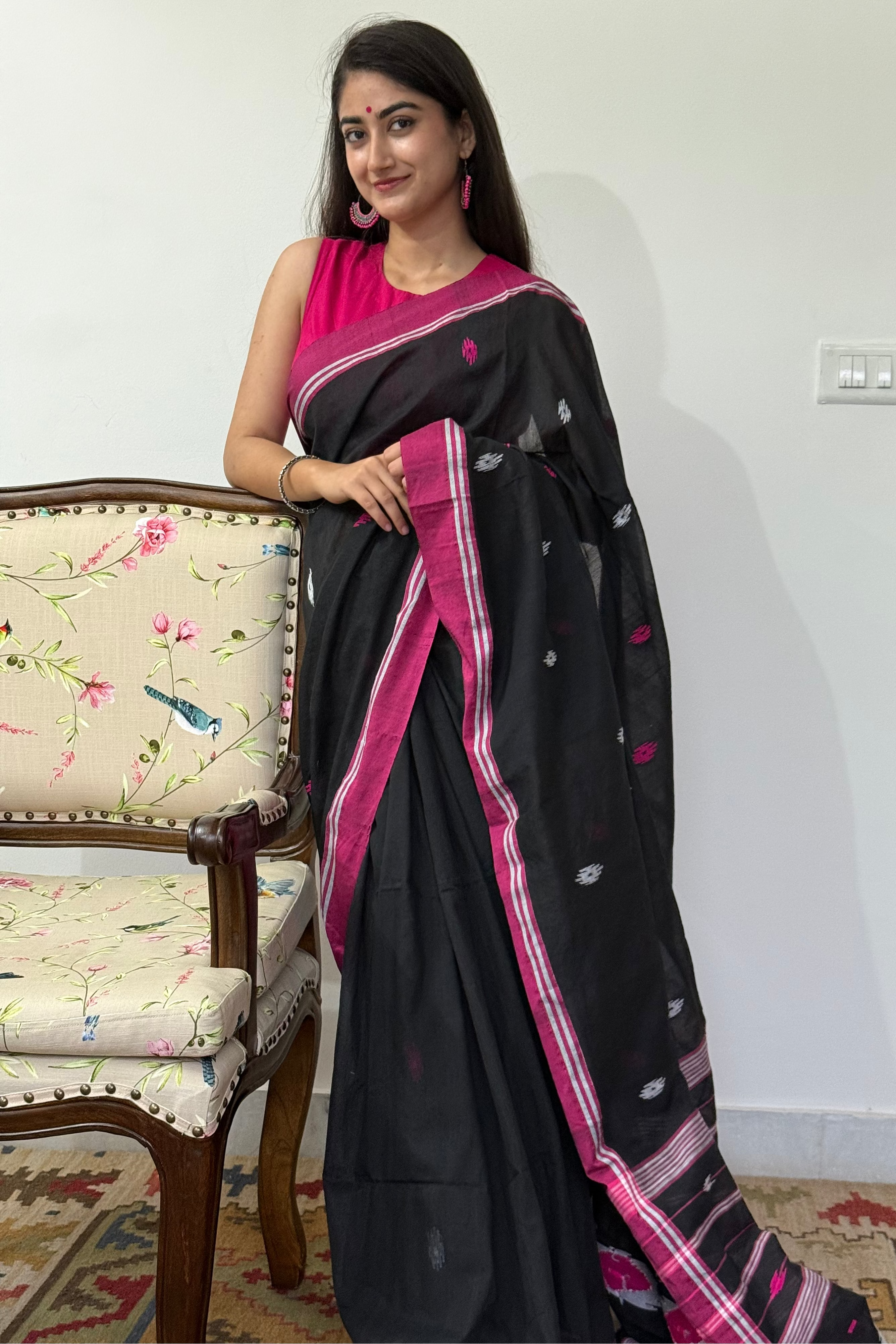 Black with Pink Border and White-Pink Buti Pure Cotton Saree draped on model