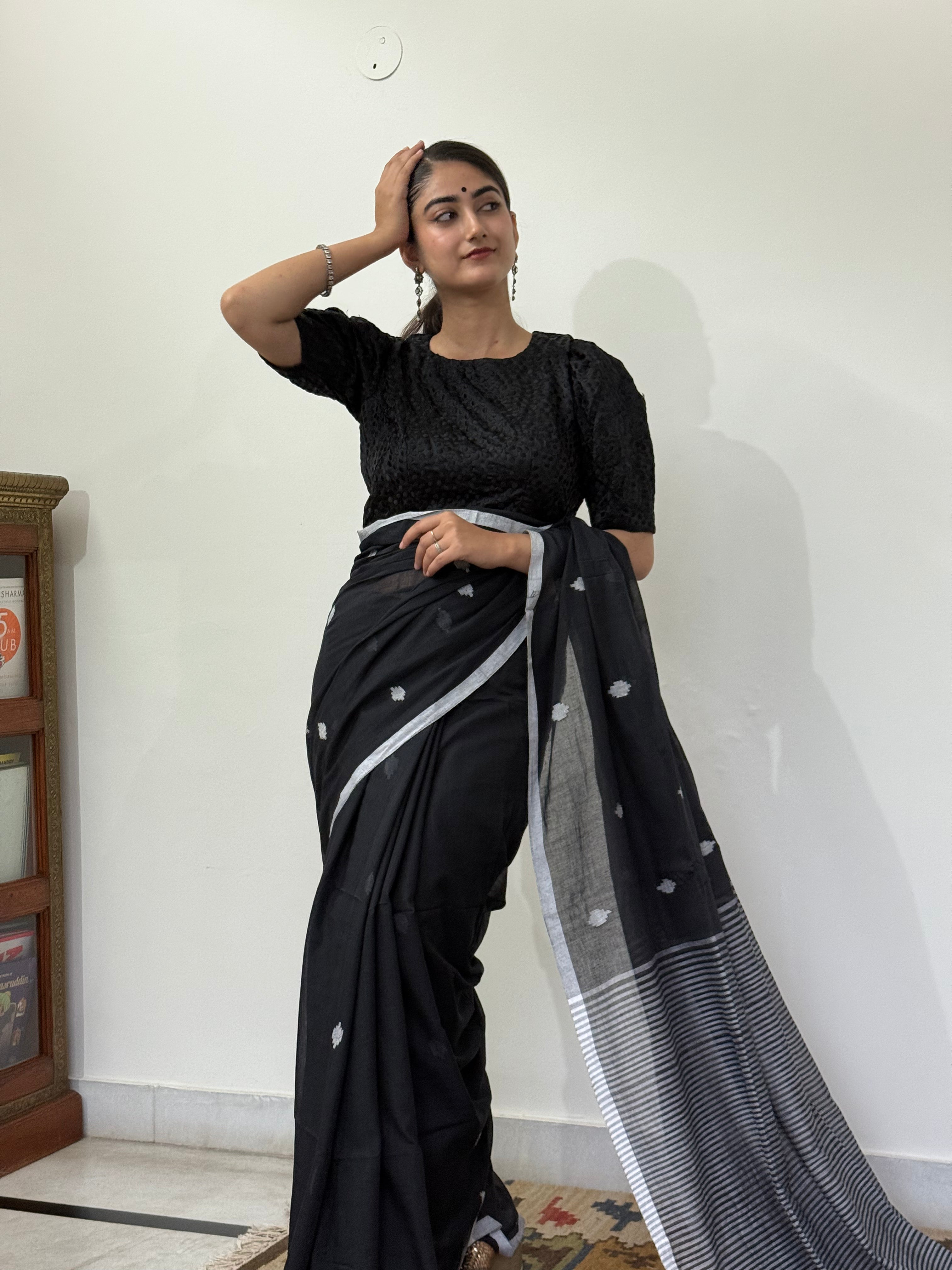 Blue with White Buti and Stripe Border Pure Cotton Saree