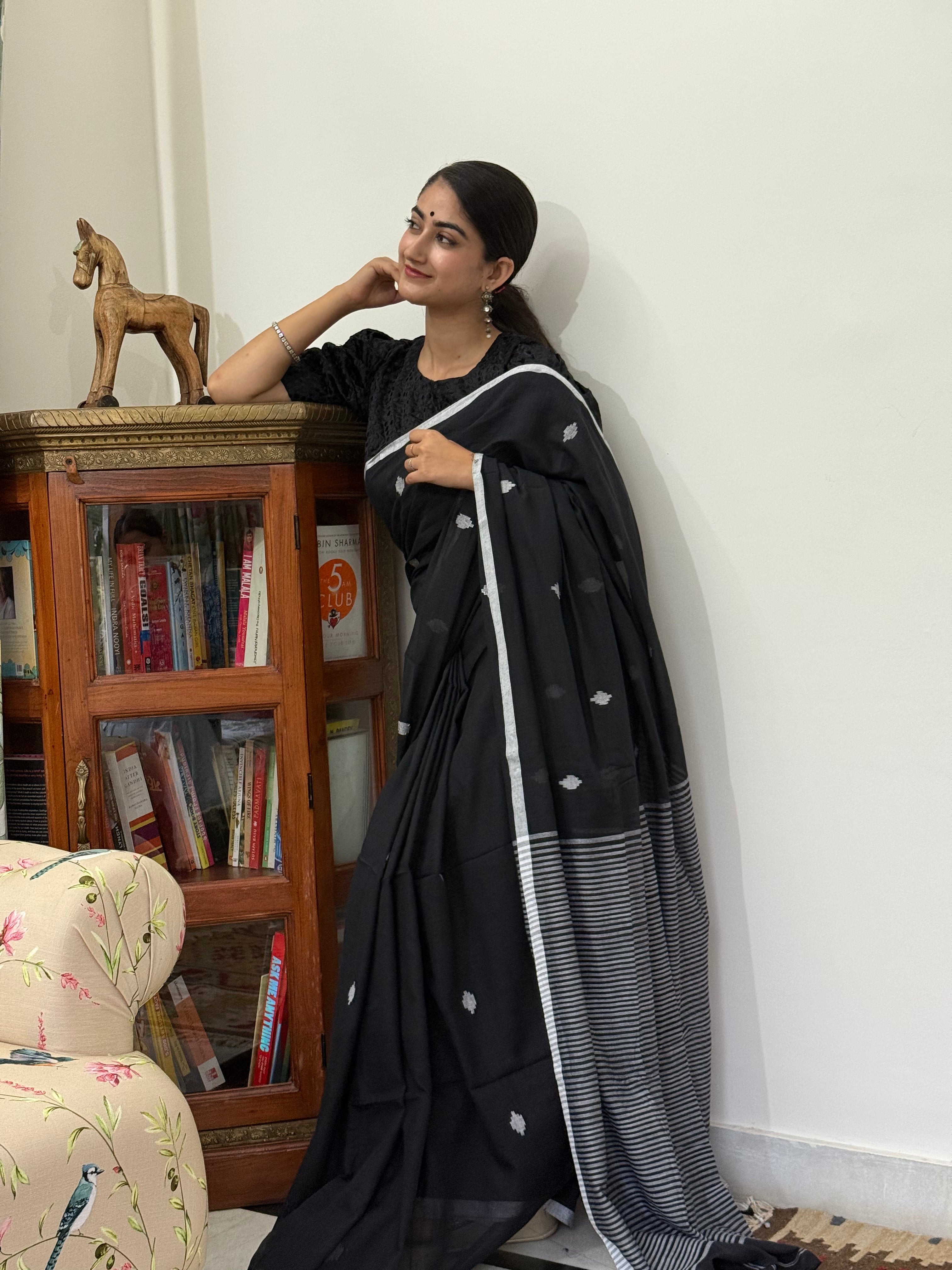 Blue with White Buti and Stripe Border Pure Cotton Saree