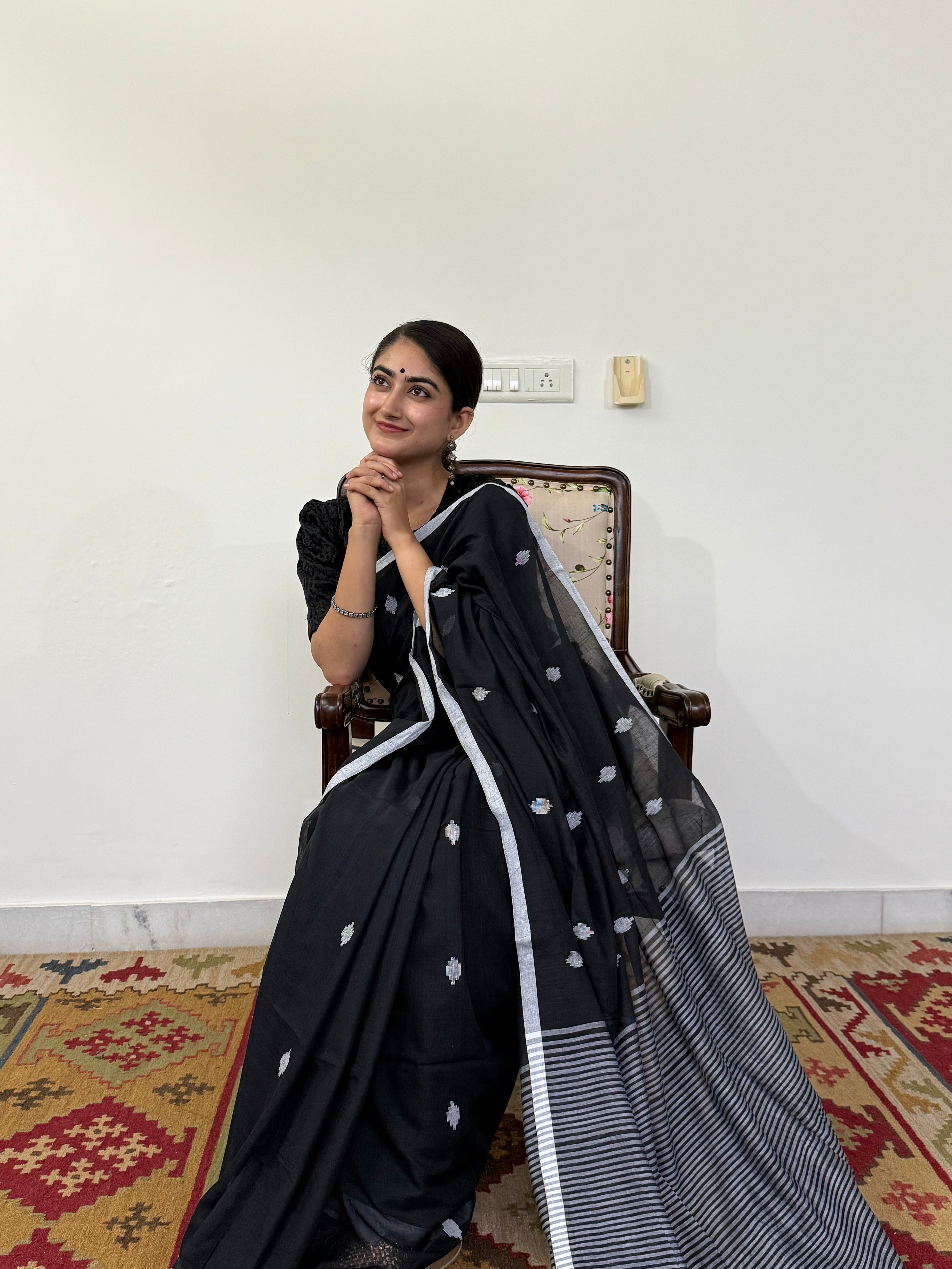 Blue with White Buti and Stripe Border Pure Cotton Saree