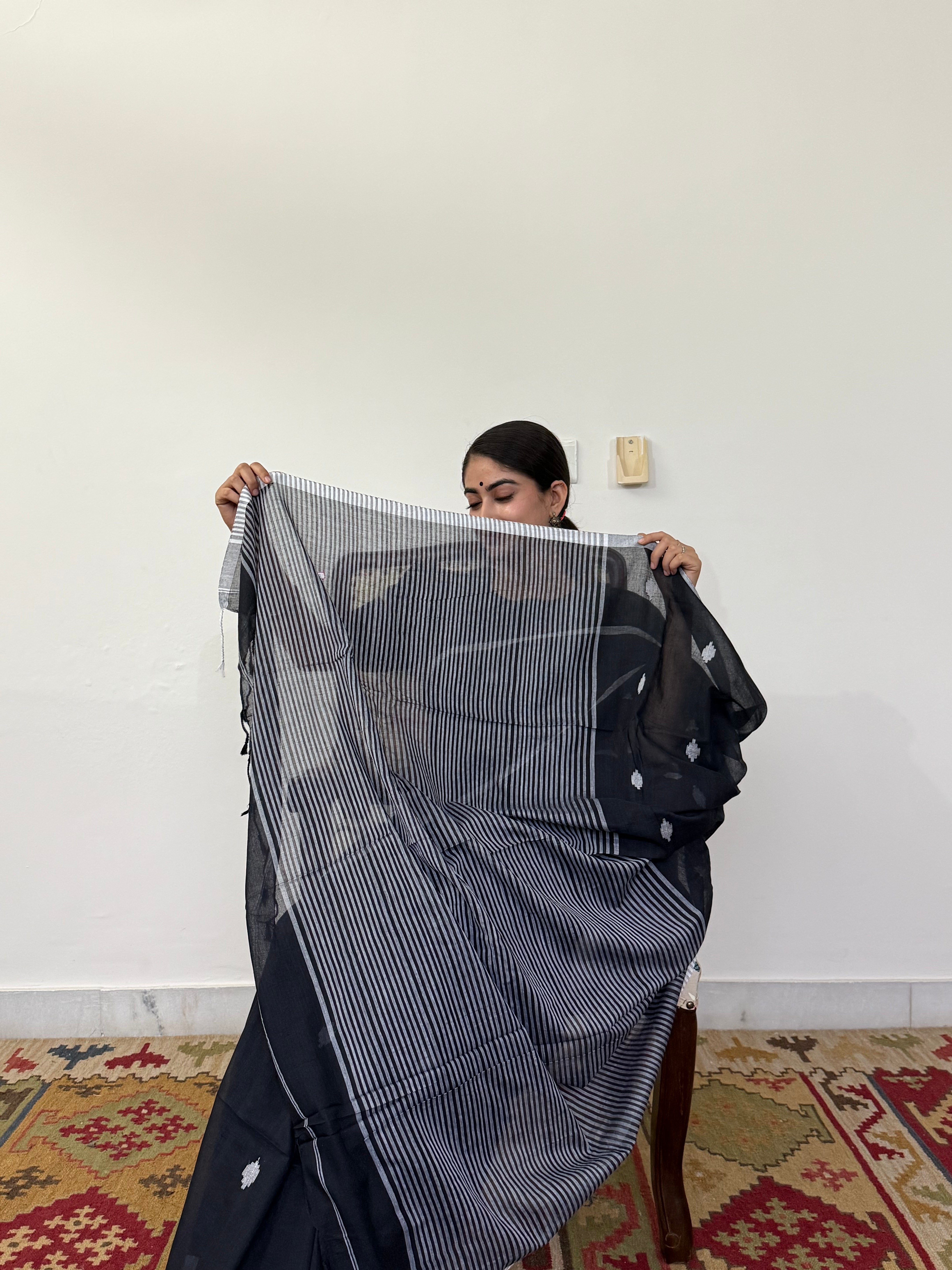 Blue with White Buti and Stripe Border Pure Cotton Saree