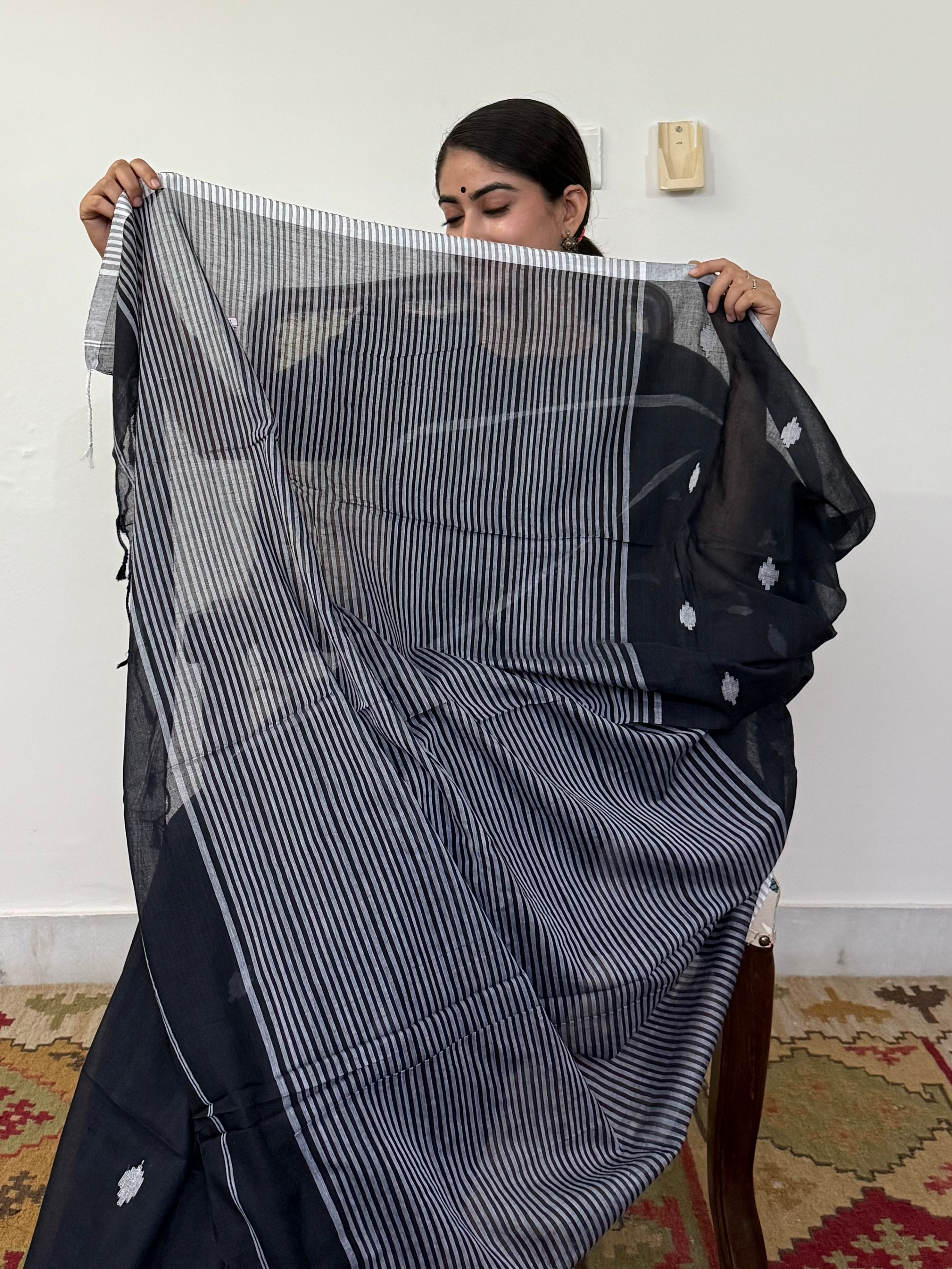 Black with White Buti and Stripe Border Pure Cotton Saree