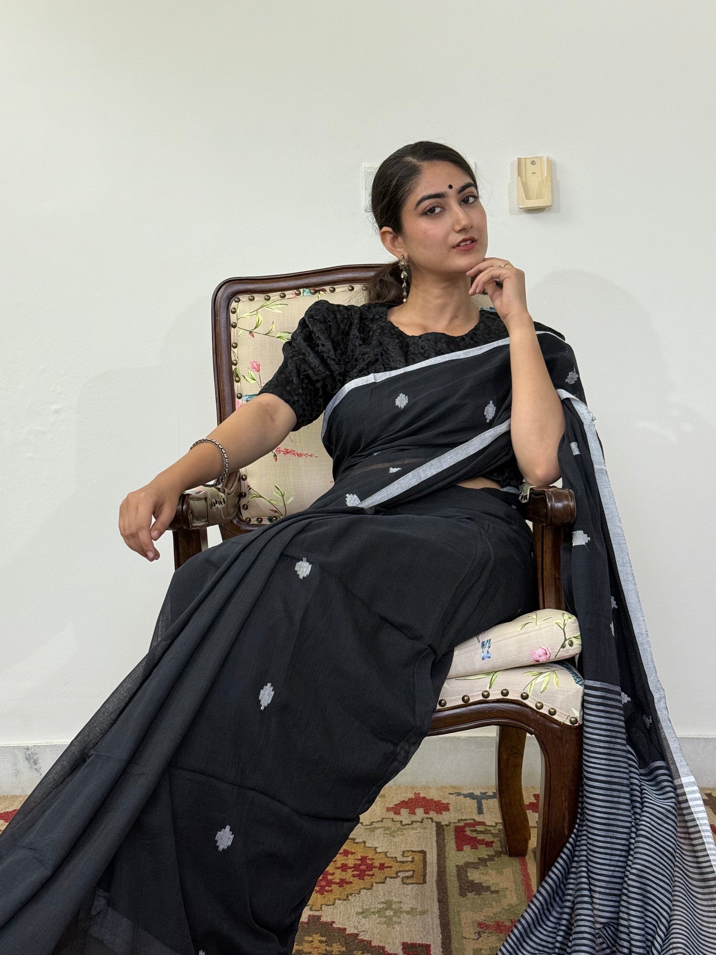 Blue with White Buti and Stripe Border Pure Cotton Saree