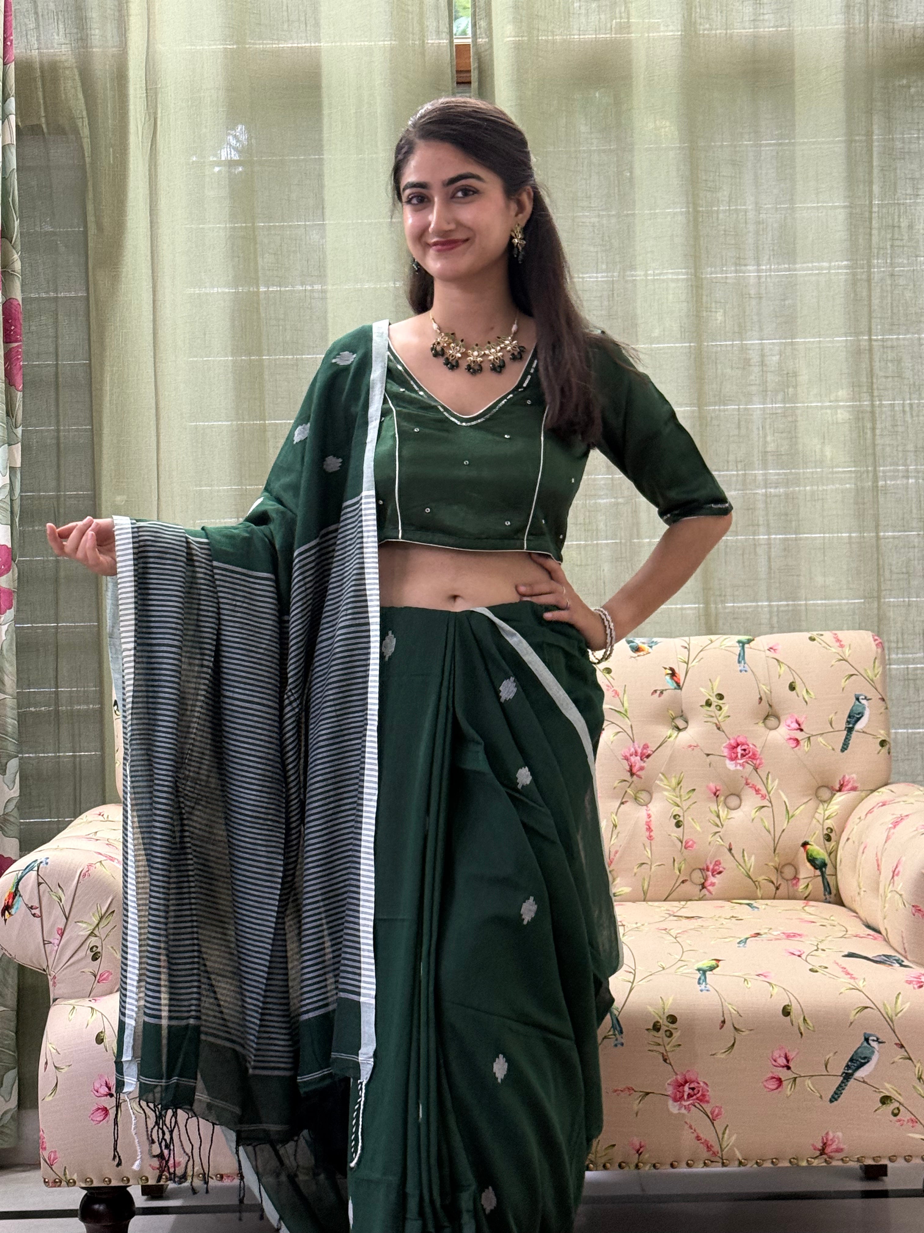 Blue with White Buti and Stripe Border Pure Cotton Saree