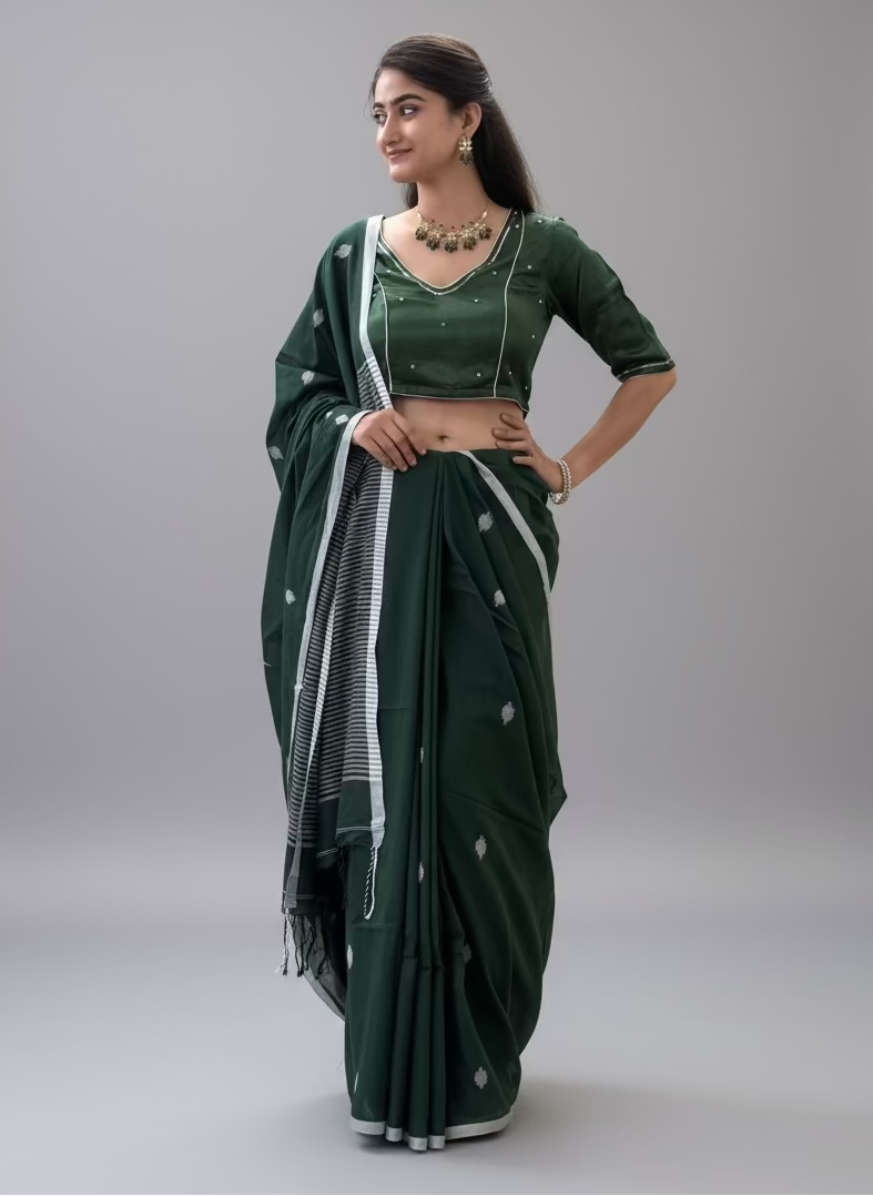 Green with White Buti and Stripe Border Pure Cotton Saree draped on model