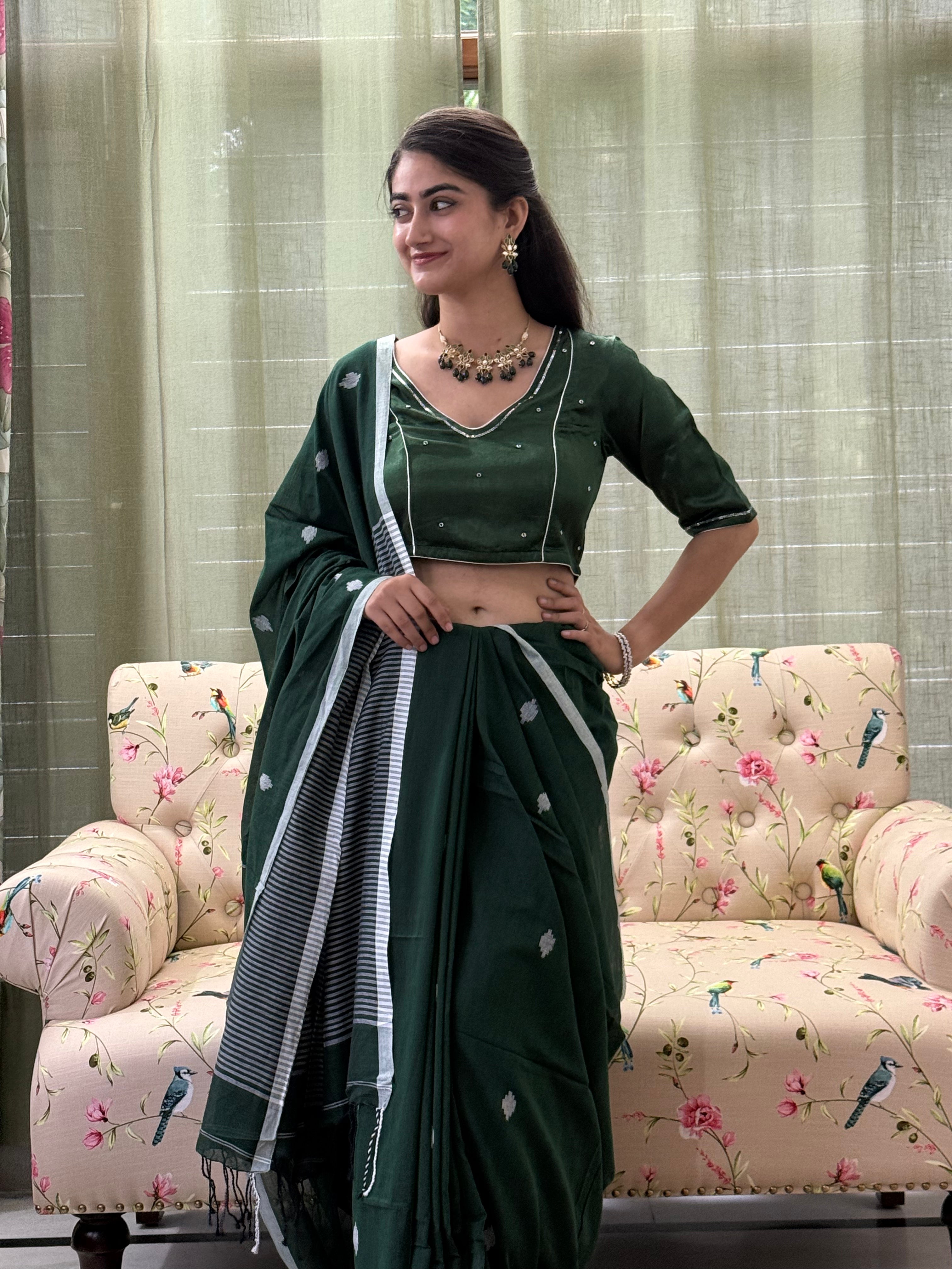 Blue with White Buti and Stripe Border Pure Cotton Saree