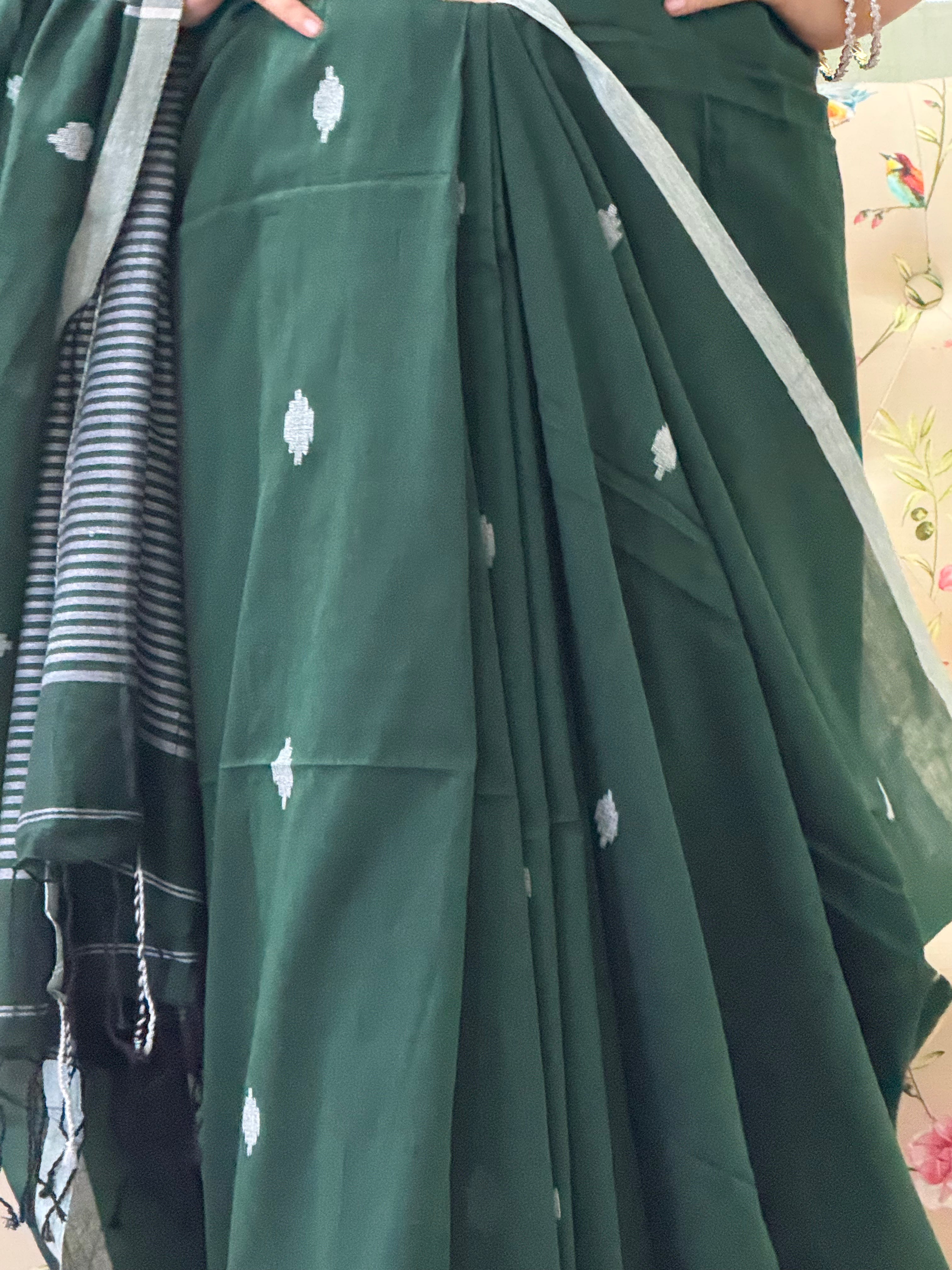 Blue with White Buti and Stripe Border Pure Cotton Saree